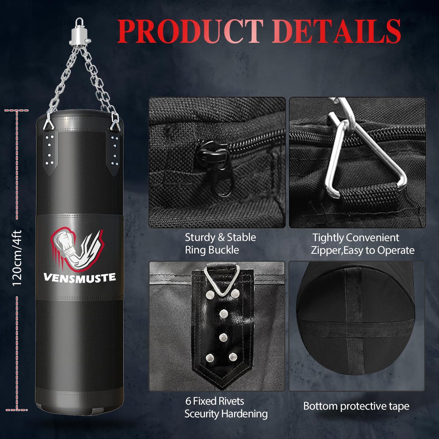 Vensmuste Punching Bag for Adults, 4FT Oxford Heavy Boxing Bag Set, Punching Bag with 12OZ Boxing Gloves, Chains, Hand Wraps, etc. Suitable for MMA Karate Kickboxing Boxing - Unfilled