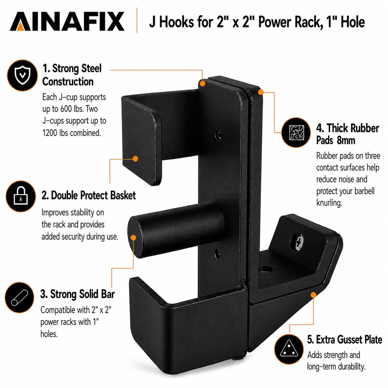 AINAFIX J Hooks for 2" x 2" Power Rack with 1" Hole, Rubber Pad J-Hook for Power Cage, Bottom Reinforced Steel J Cups for Squat Rack, Heavy Duty Barbell Holder, Black