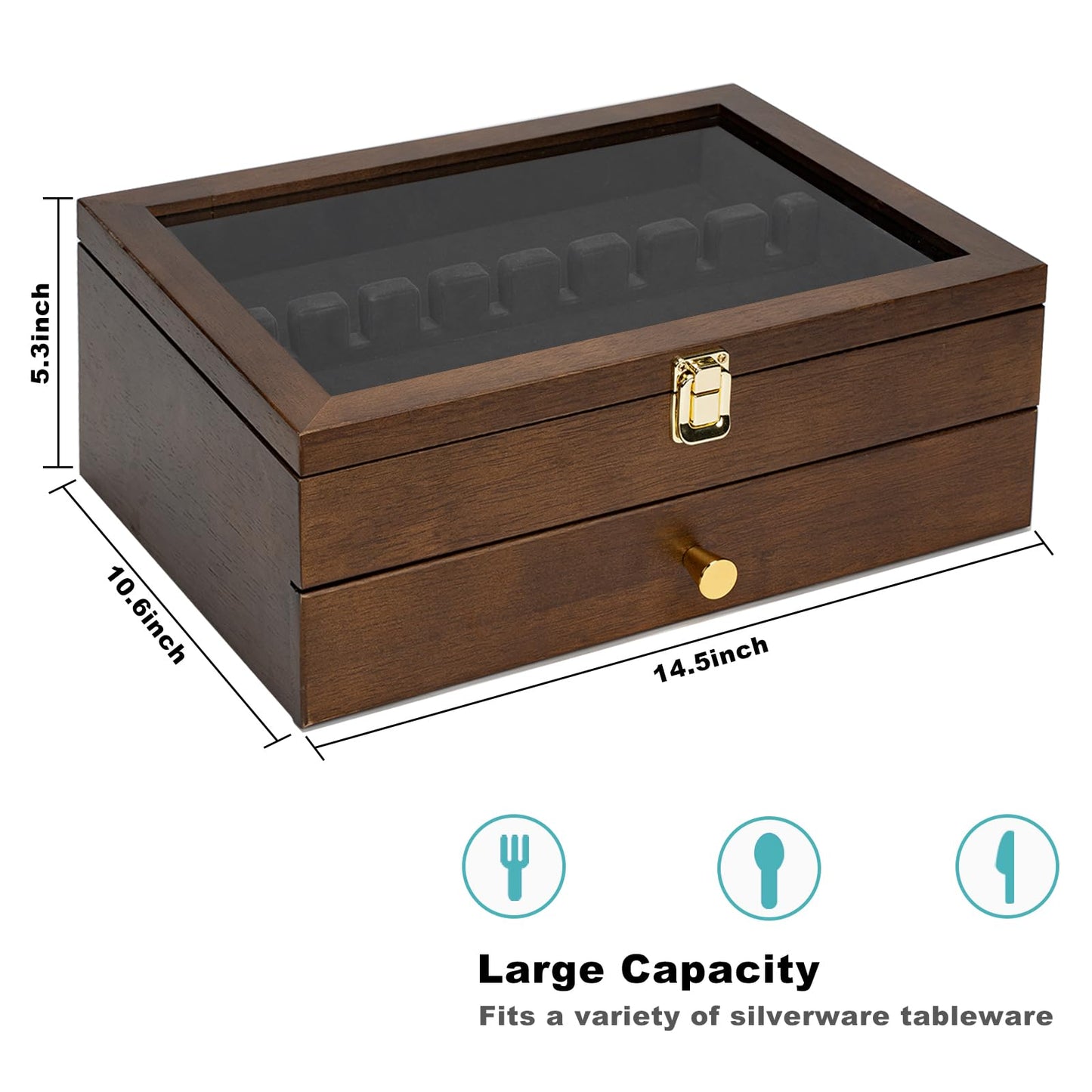 Yoimori Silverware Box, 2-Layer Wooden Silverware Storage Box with Glass Lid, 14.5×10.6 Inches Luxury Style Decor Flatware Storage Case for Fine Flatware & Utensils, Gift Idea (Walnut)