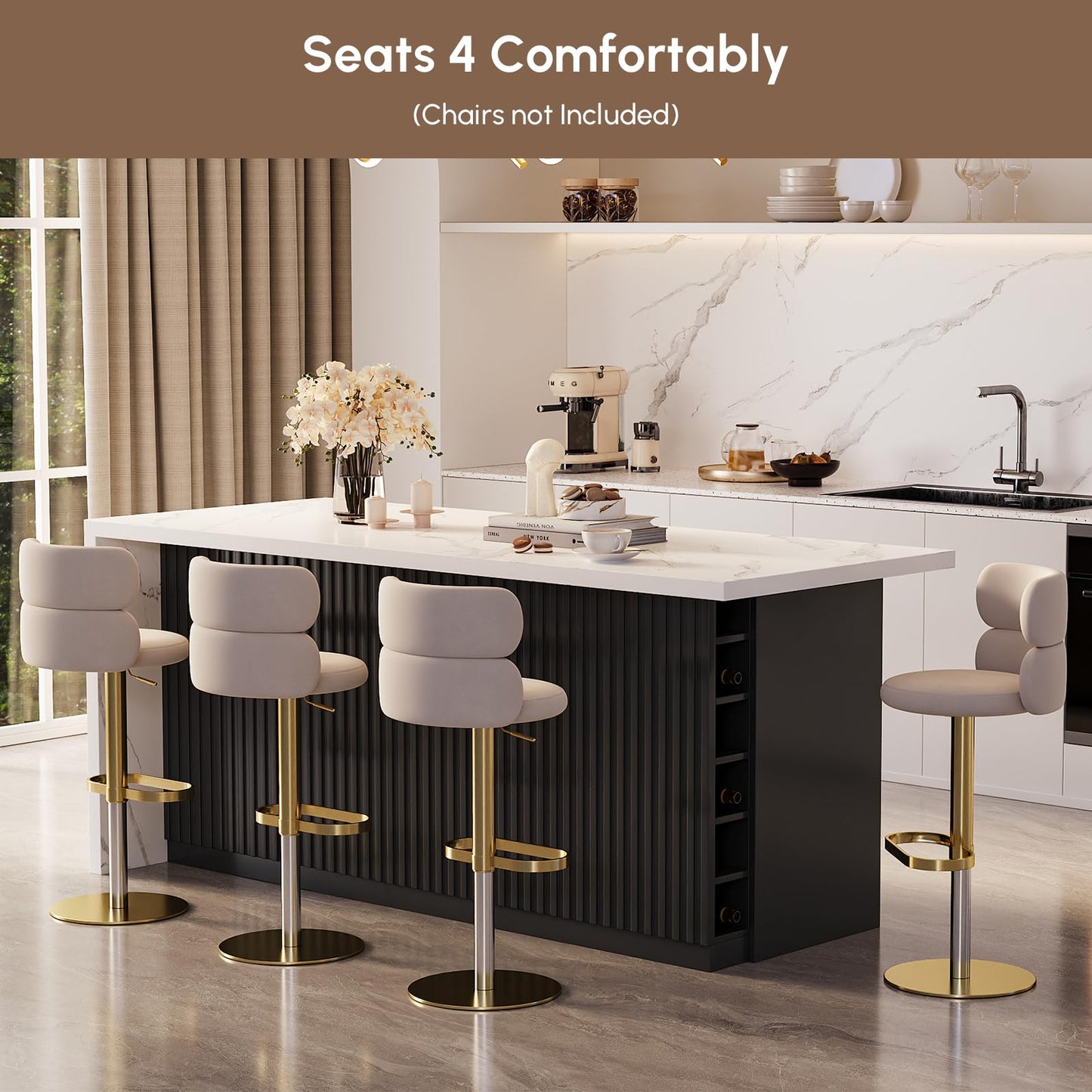 homary Kitchen Island with Storage & Wine Rack, 72" Modern Black Kitchen Cabinet with Wood Top, Large Fixed Island with 3 Drawers & 6 Adjustable Shelves, Without Bar Stools