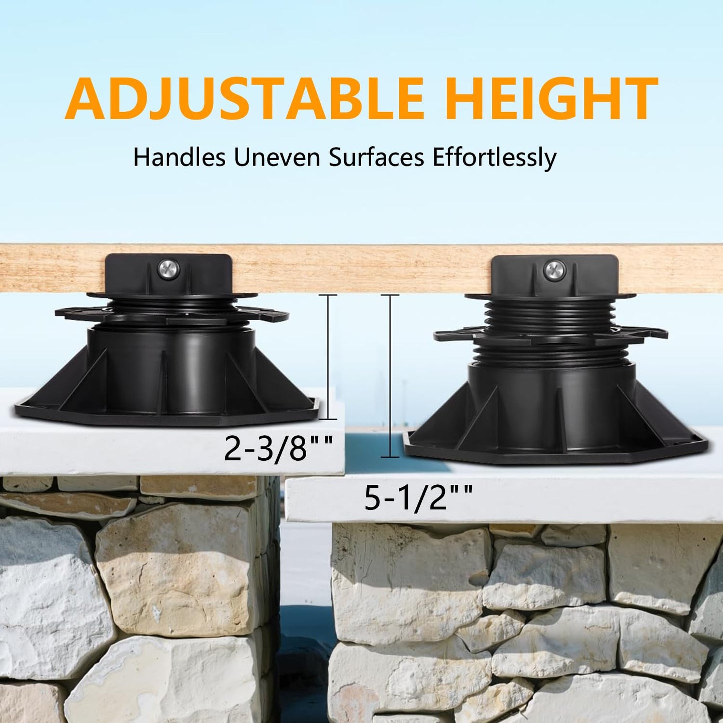 12Pack Adjustable Deck Support Pedestal Deck Foundation Base Support，Used for Floating Deck Platform Deck Floor Height Adjustment Raising, Adjustment Raising from 2-3/8" to 5-1/2", Black