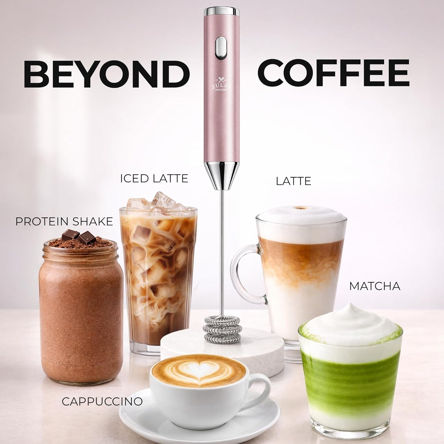 Zulay Kitchen Rechargeable Milk Frother - Handheld Electric Drink Mixer with 3 Whisk Attachments | USB-C Charging, Lasts 6 Months
