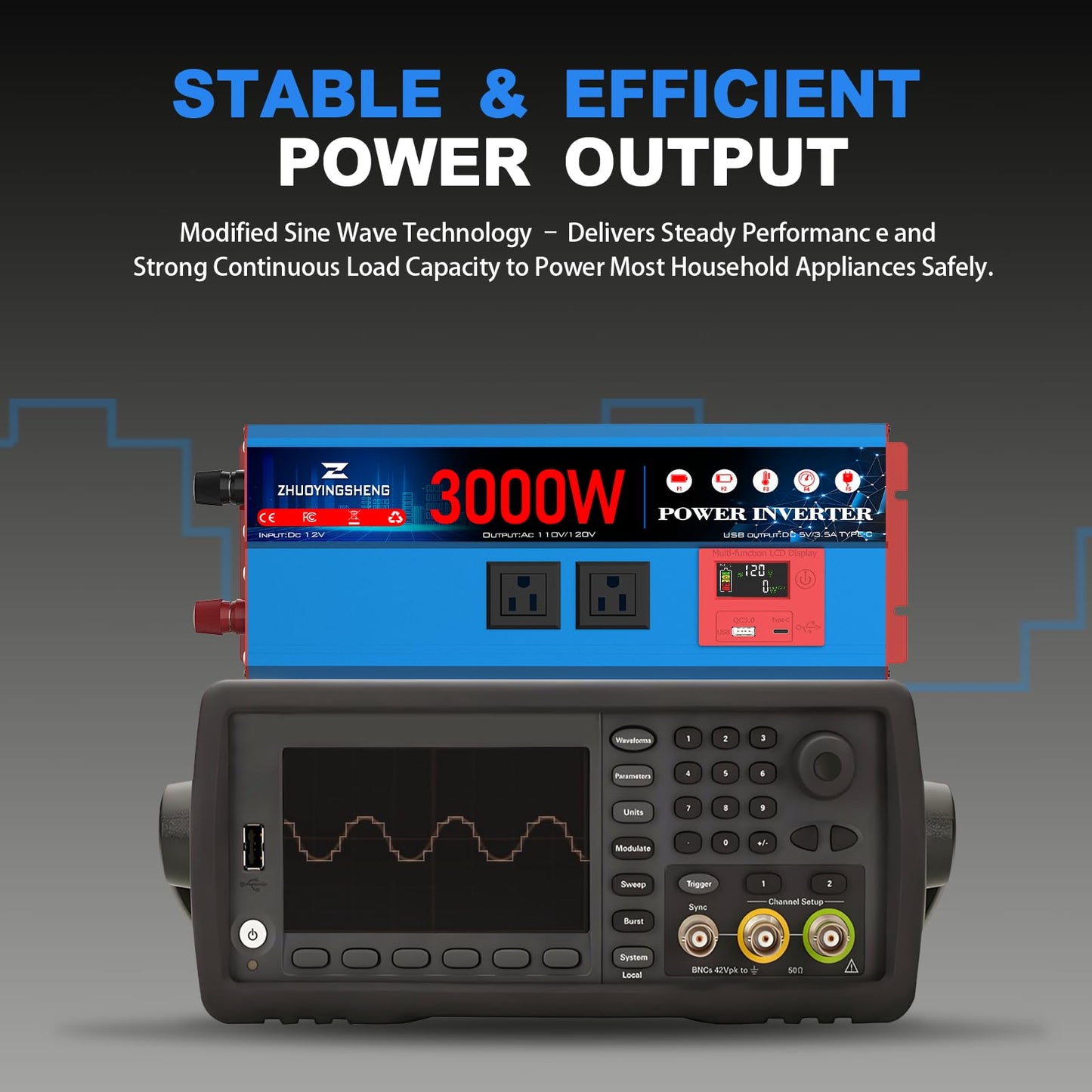 3000 Watt Inverter 12V DC to 120V AC Converter with LCD Display & Remote Control - 2 AC Outlets, USB 3.0 + Type-C Ports, Car Power Inverter Compatible with RV, Truck, Home, Off-Grid & Solar Systems