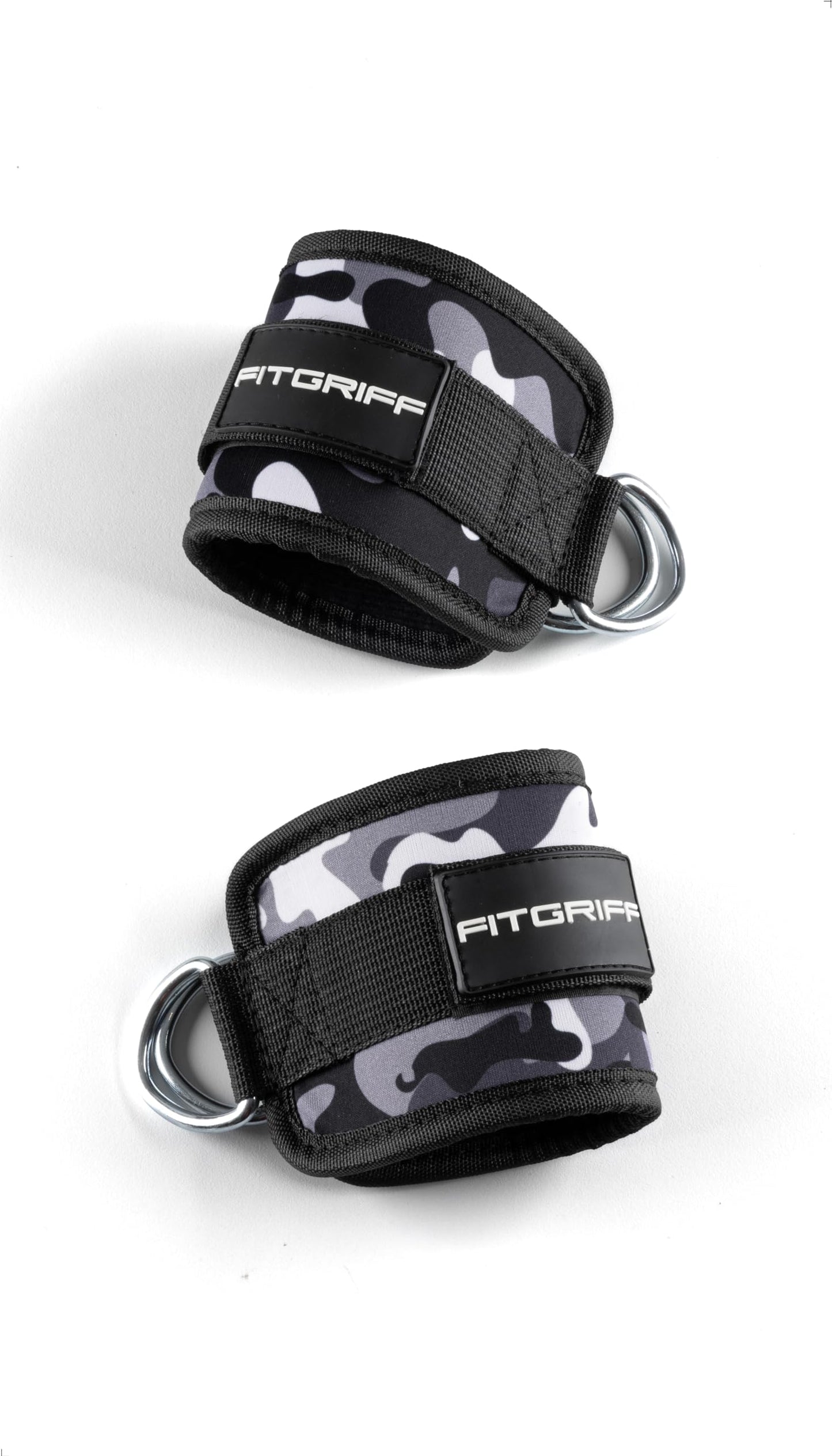 Fitgriff® Ankle Straps V1 for Cable Machine (2 Pieces) - Gym Workout Equipment - Leg Pulley Attachment, Kickback Straps (Ca­mo-Grey)