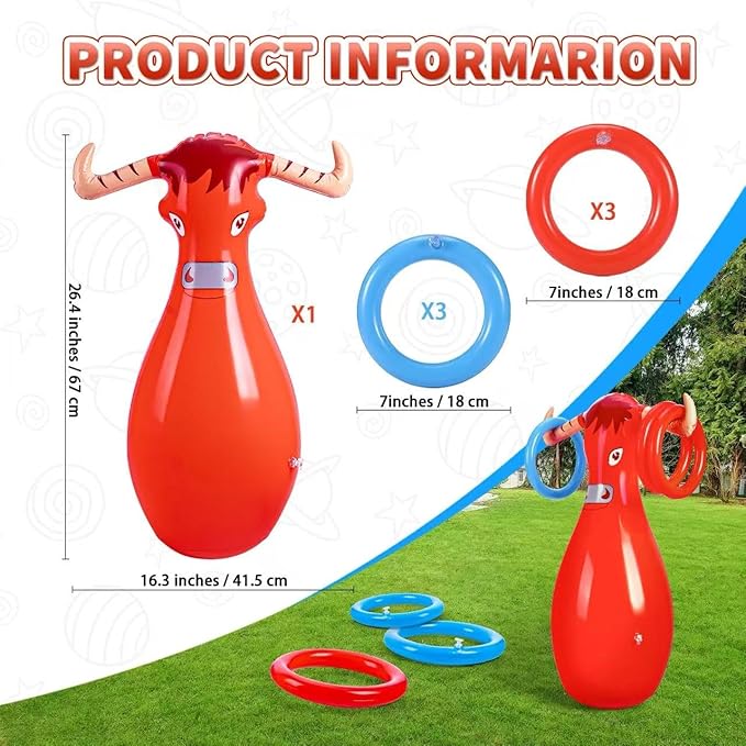 Inflatable Bull Toss Ring Game Set Include 2 Inflatable Bull 12 Rings for Summer Outdoor Beach Pool Cowboy Fiesta Rodeo Party