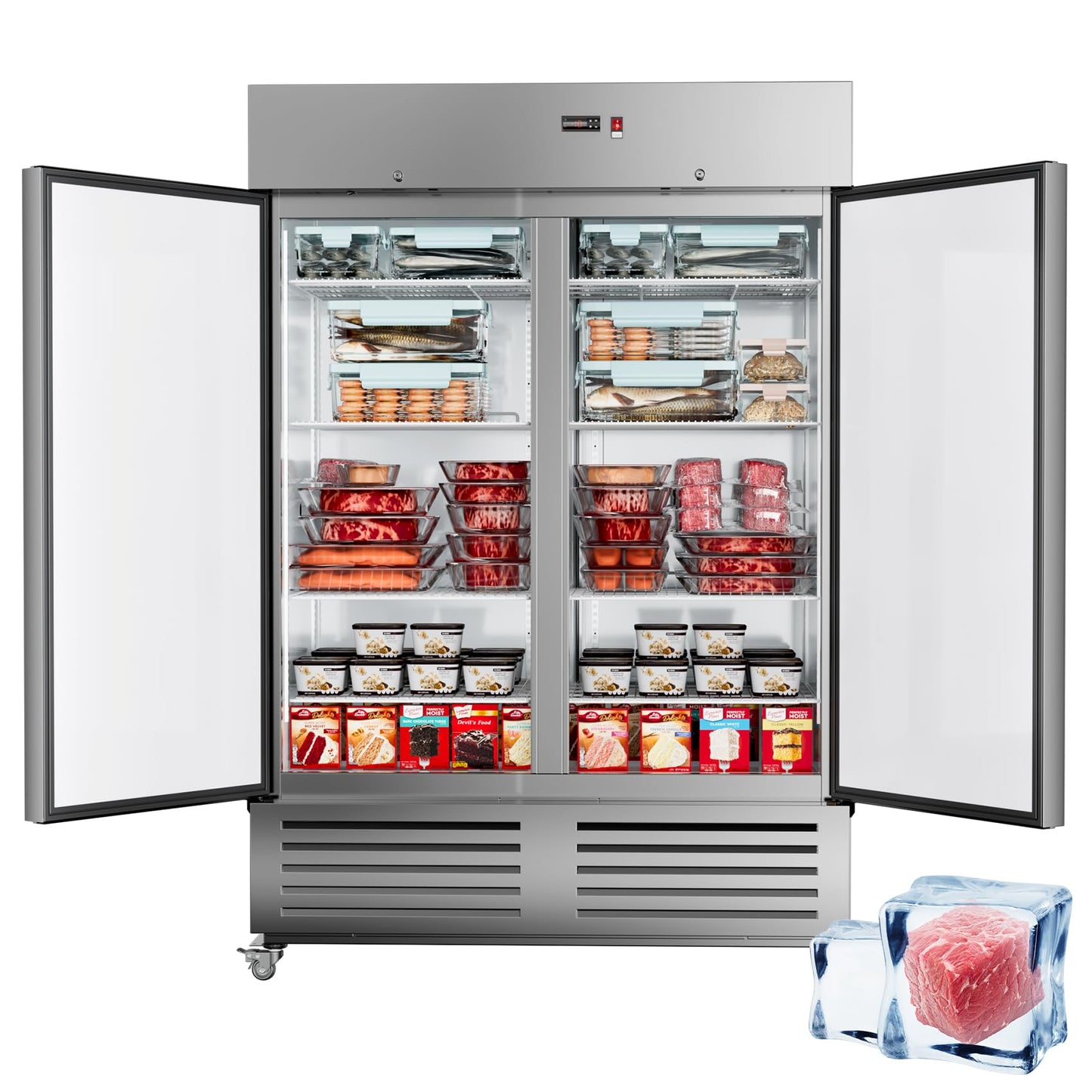 54"W 2 Door Commercial Freezer with LED Light, Stainless Steel Fan Cooling 49 Cu.ft Upright Freezer for Restaurant Bar Shop -8℉ ~ -1℉ Reach-in Freezers