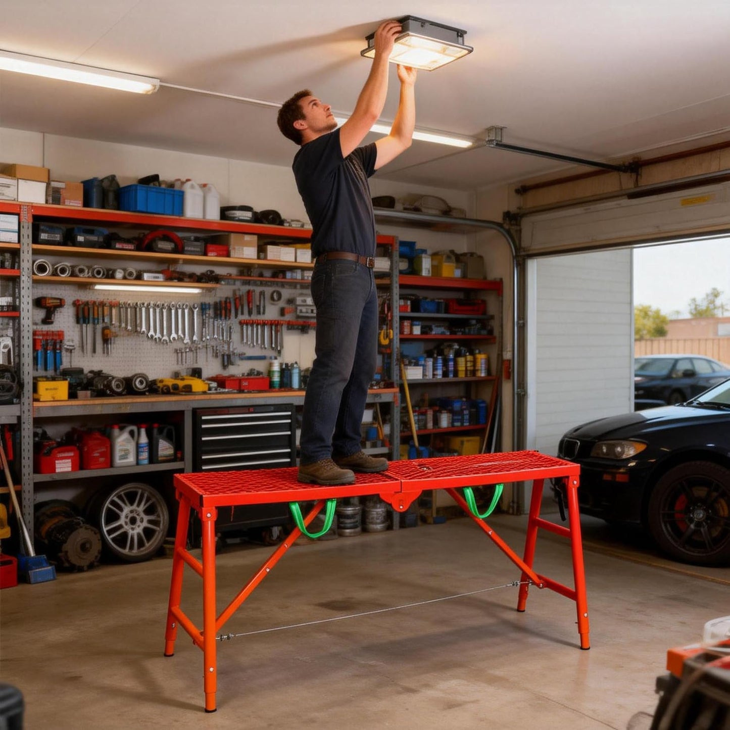 800LBS Foldable Scaffolding Platform, 71x16x60 Inch Alloy Steel Adjustable Height Portable Work Ladder, Ideal for Standard Staircase Painting Wiring Car Wash Home Decor & Industrial Maintenance