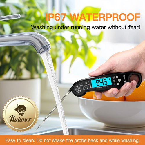 KULUNER TP-01 Waterproof Digital Meat Thermometer - Instant Read with 4.6" Folding Probe & Backlight (Black)
