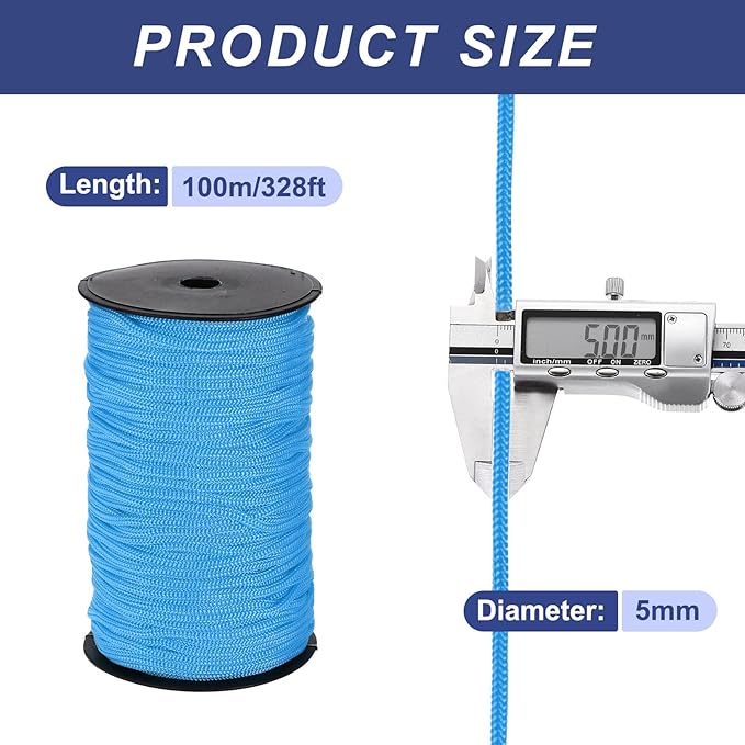 MECCANIXITY 3/16 Inch Polypropylene Rope Braided Ropes, 328ft Nylon Rope Hollow Utility Cord for Clothesline, Camping, Hiking, Outdoor, Lake Blue