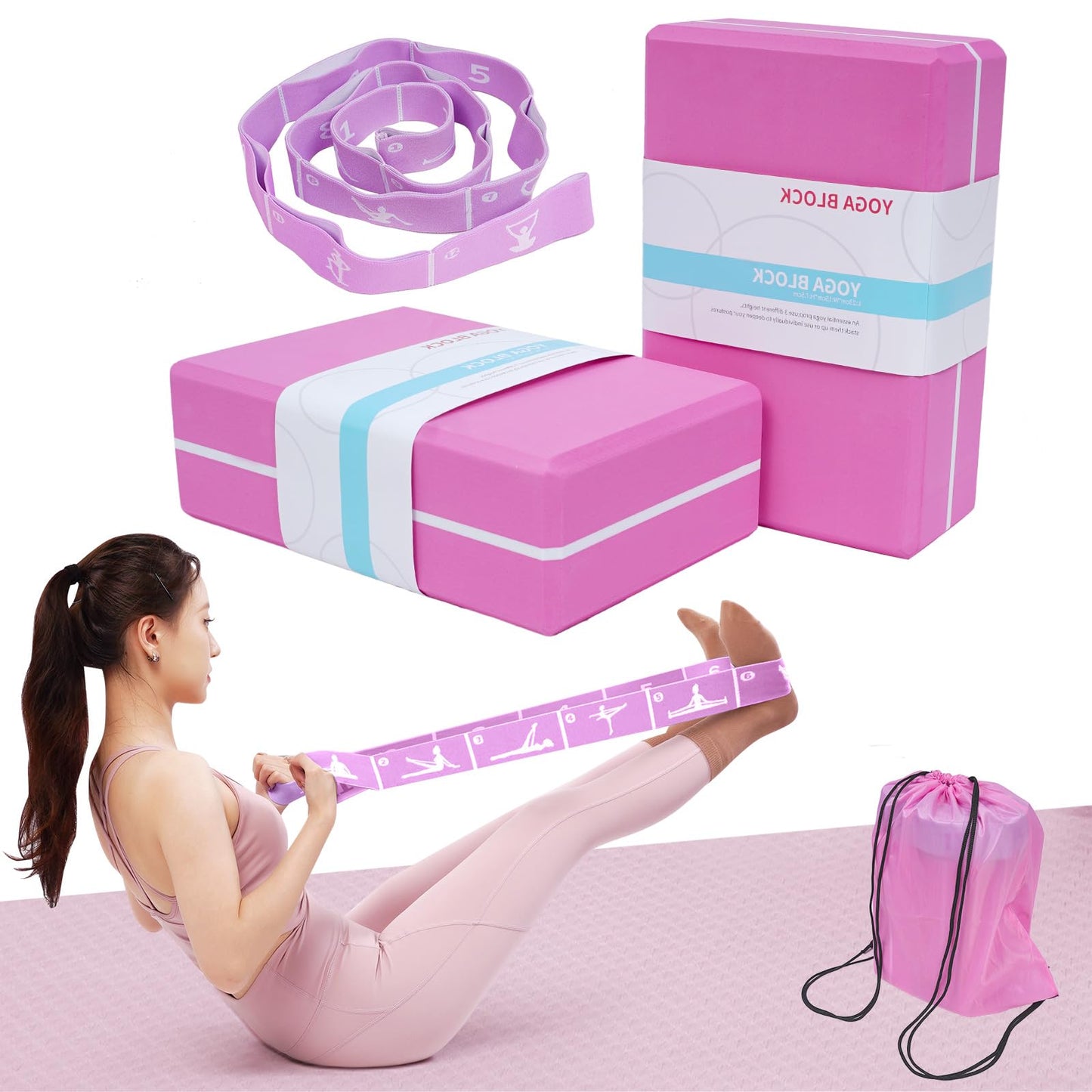 Yoga Blocks Set of 2 with 12 Loop Stretch Band and Carry Bag, Heavier High Density EVA Foam Yoga Blocks for Yoga, Pilates, Stretching, Flexibility Training, Ballet Warm Up, Dance and Home Workouts Set