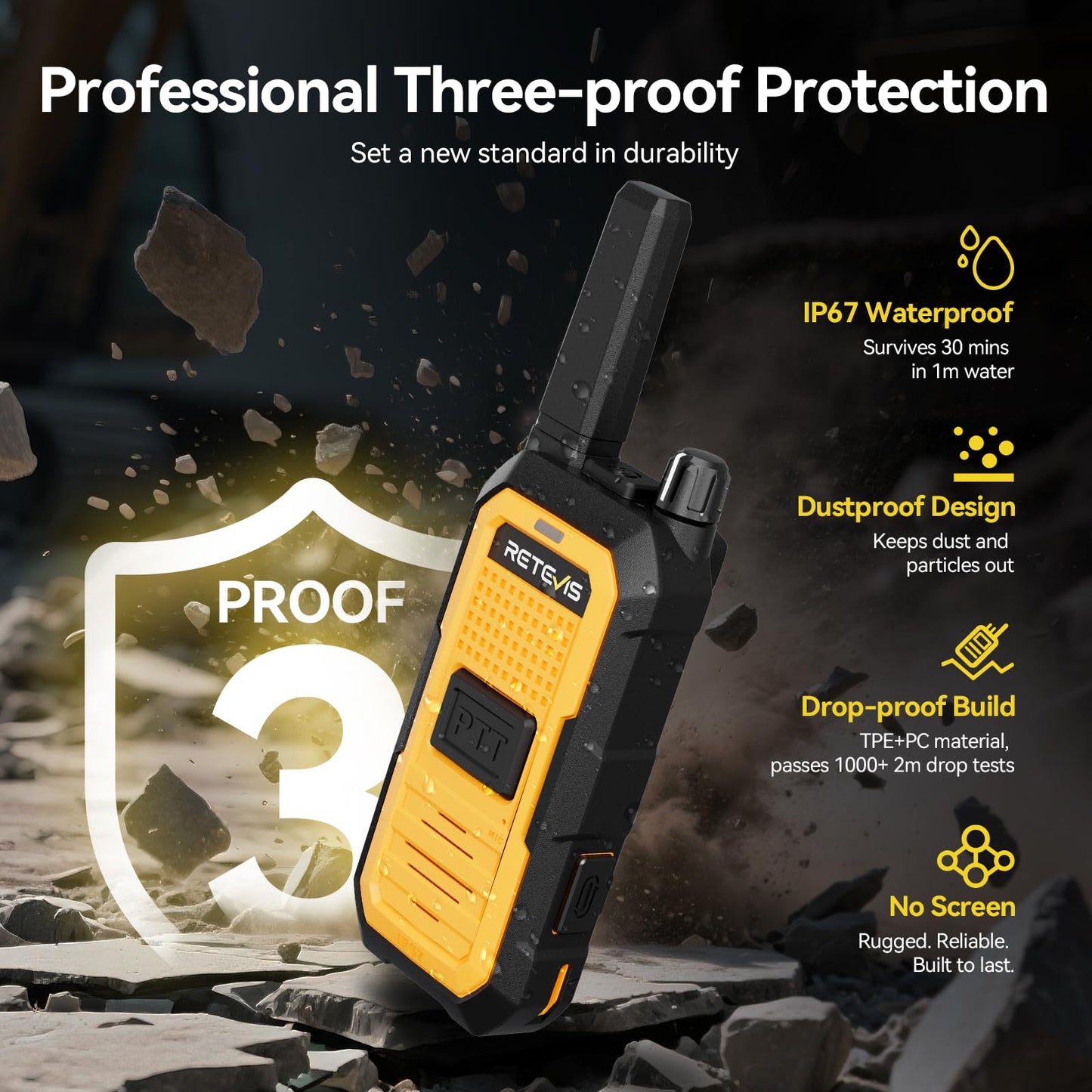 Retevis RB48A Industrial Waterproof Walkie Talkies Long Range, Heavy Duty FRS Two Way Radios Rechargeable, IP67, Large PTT, Noise Reduction, 1000mW Speaker, 23-Hour, with Gang Charger(6 Pack)