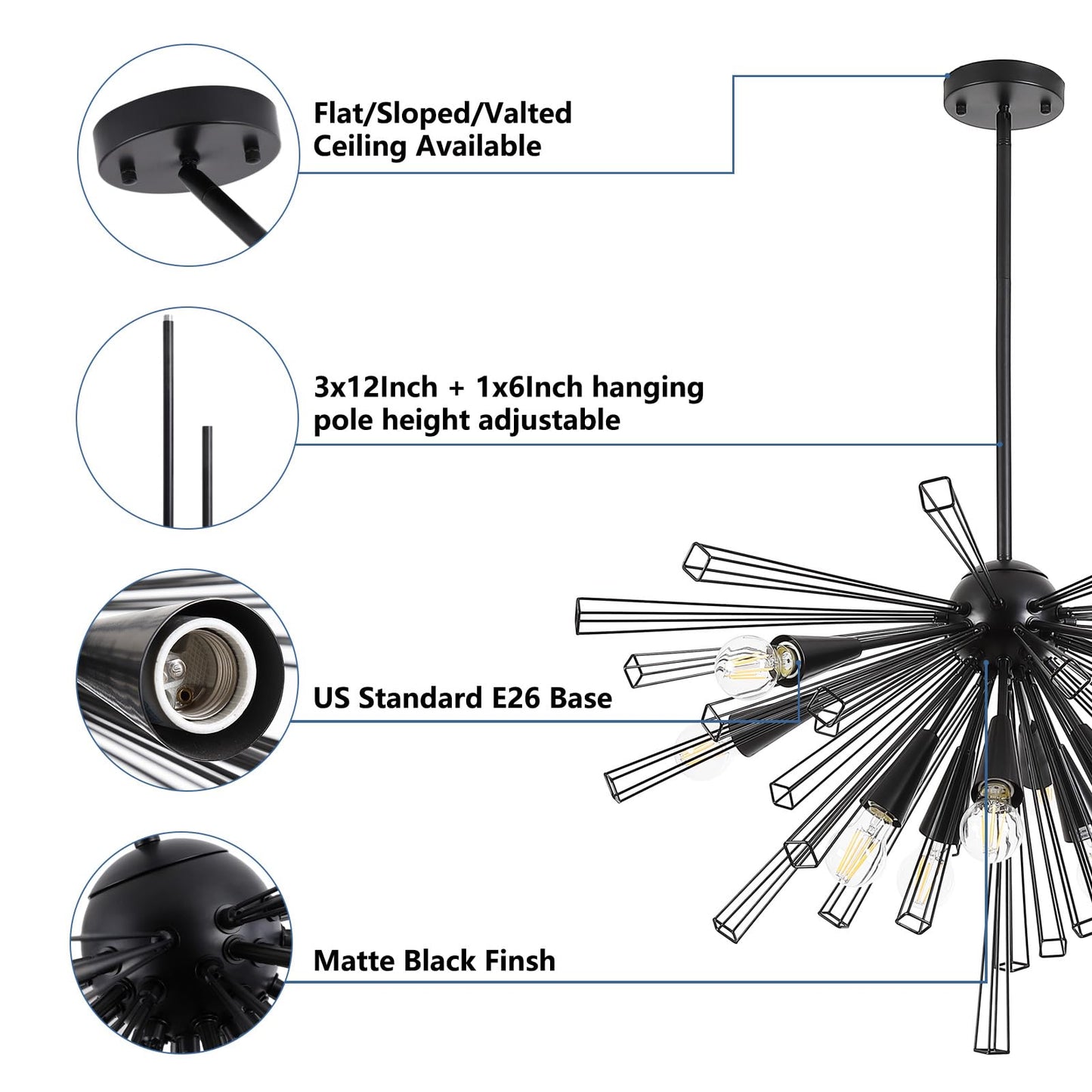 9MMML Black 10-Light Sputnik Chandelier, Farmhouse Pendant Light Fixture with 48'' Height Adjustable Hanging Pole, 34'' Large Chandelier for Living Room, Dining Room, Kitchen, Bedroom, E26 Base