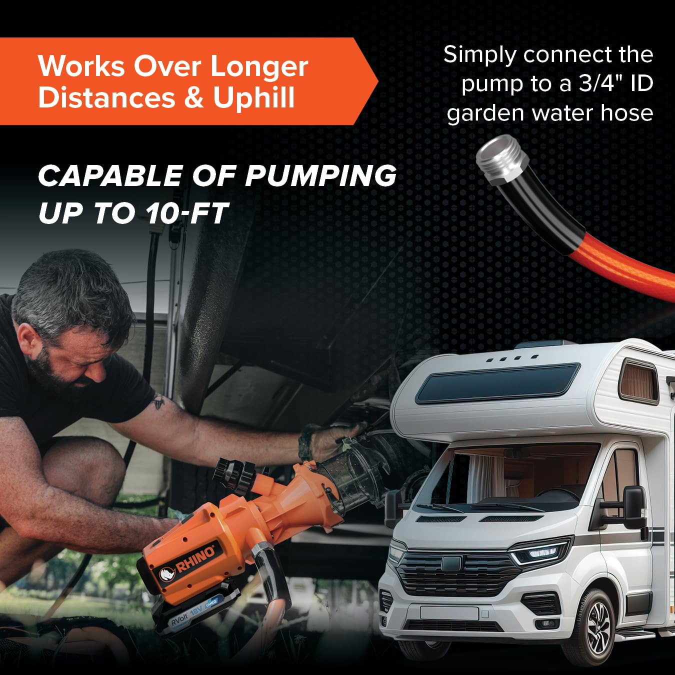 Camco Rhino 18V Cordless RV Macerator Pump – Portable Sewage Waste Pump System, Lithium Battery Powered, Pumps Uphill & Long Distance, Fits 3”–4” Sewer Outlet, Quiet Brushless Motor, 12 GPM (39030)