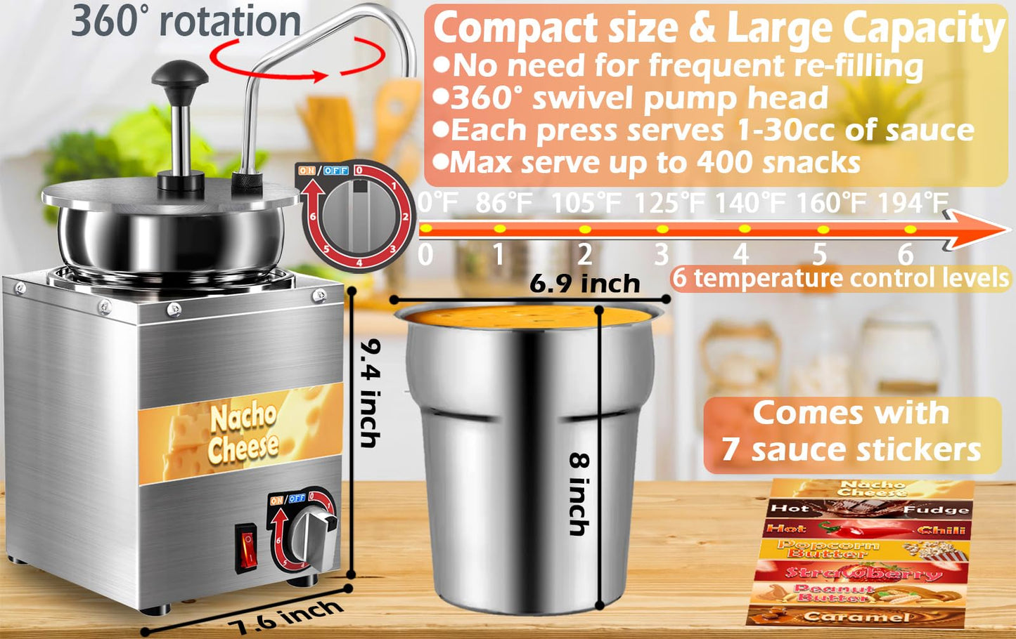 Nacho Cheese Dispenser with Stainless Steel Pump, 4.3 QT Sauce Warmer 86-194℉, 6 Temperature Levels Adjustable Heater,Commercial Hot Fudge Chocolate, Chili, Caramel, Peanut Butter Electric Food Warmer