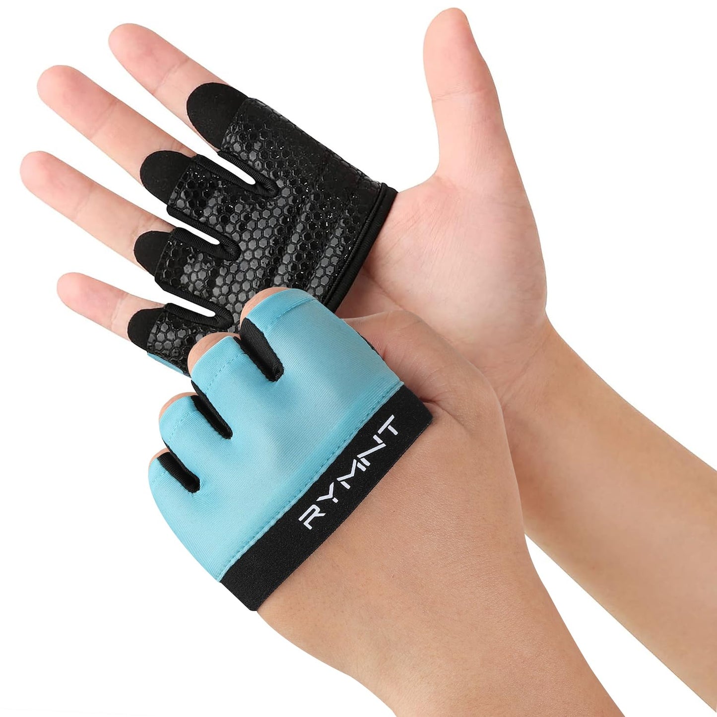 RYMNT Minimal Workout Gloves,Short Micro Weight Lifting Gloves Grip Pads with Full Palm Protection & Extra Grip for Men Women Weightlifting,Gym,Cross Training,Powerlifting,WODs.Aqua-Small