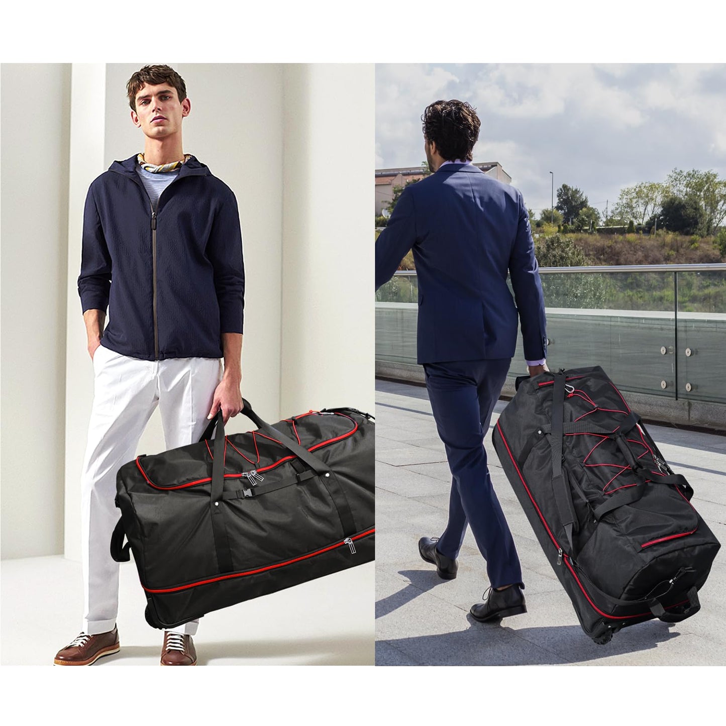 Bagenerous 110L/140L Expandable Soft-Sided Foldable Duffle Bag with 2 Rubber Wheels,Packable 32” Rolling Carry-On with Multi-Pockets & Compartments,Black Red
