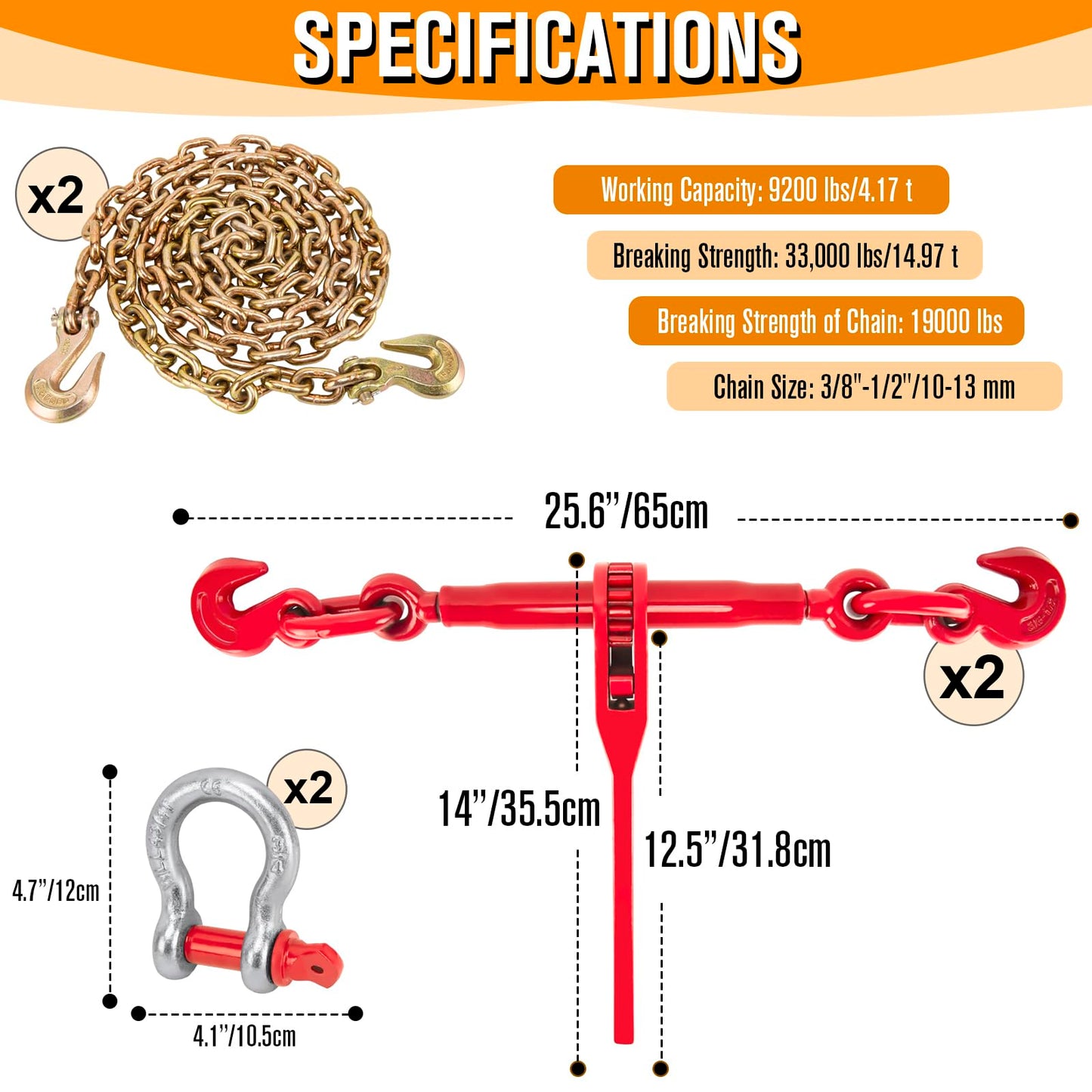 Chain Binders, Transport Chain, Tie Down Chain and Binder 3/8''-1/2'', 10Ft Chains with G70 Hooks, Ratchet Load Binders 9215Lbs Working Strength, Towing Chain for Flatbed Trailer Truck