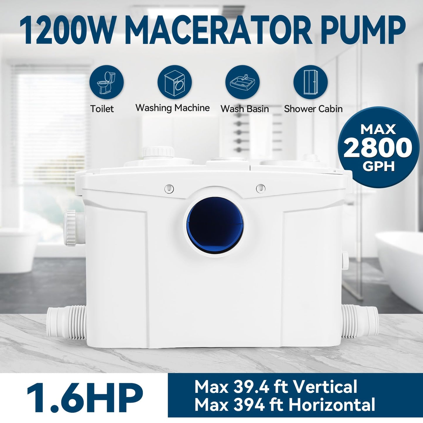 1200W Macerator Pump with PCB Function Toilet Pump Utility Sink Pump Upflush to 39.4FT 2800GPH Macerating Toilet System with 4 Water Inlets 2 Outlets for Toilet Sink Shower Laundry Kitchen Basement