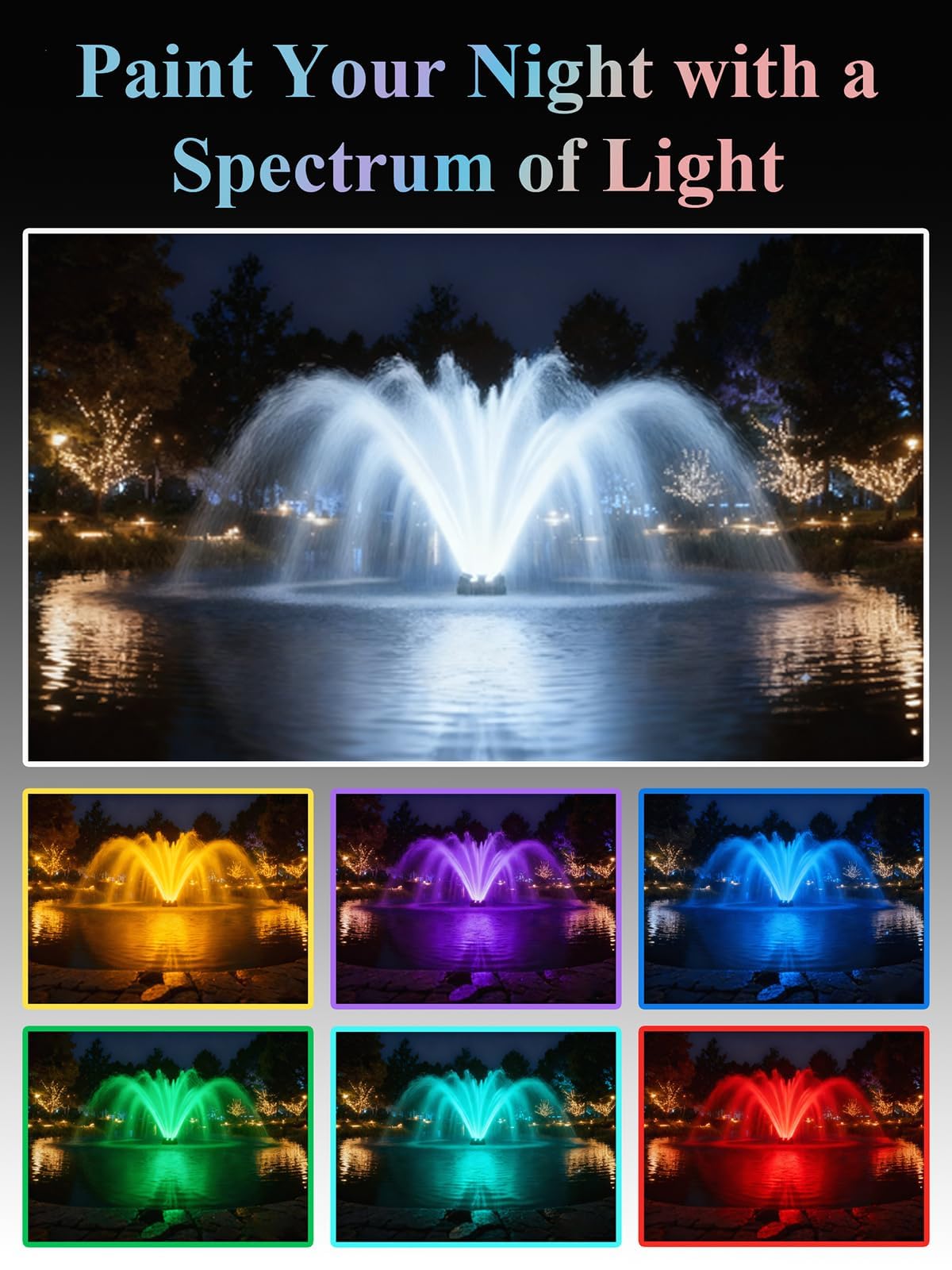 Pond Fountain Aerator with Lights, 1 HP with Dynamic RGB Lighting, Adjustable Modes, Digital Timer, for Large Ponds, Lakes & Outdoor Water Features, 15,000 GPH, 750W 110V, 100FT Cord