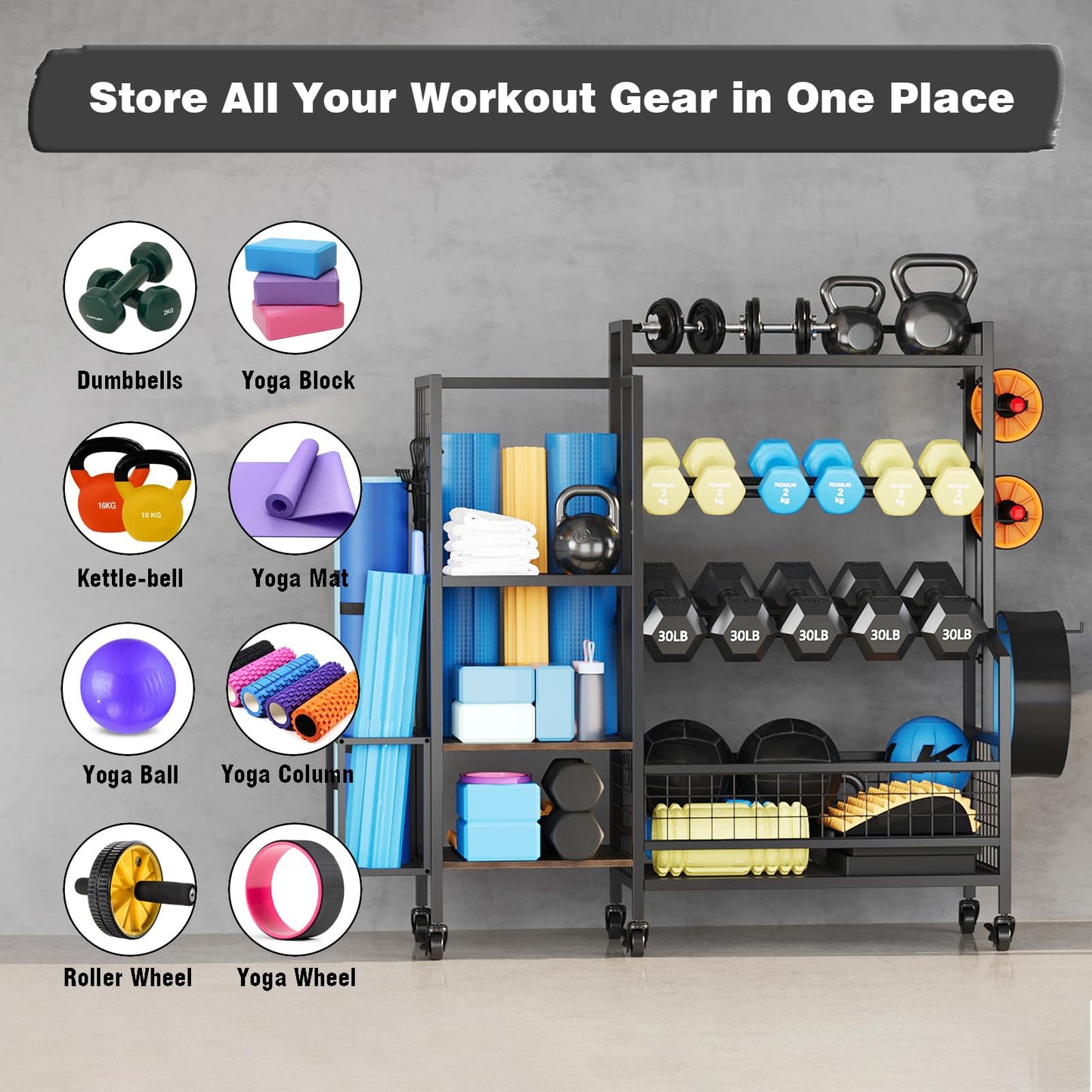 3-Tier Dumbbell Rack Stand Only - Adjustable Weight Rack for Home Gym, Heavy-Duty Weight Stand With Hooks for Dumbbells Kettlebells Foam Roller Yoga Mats Workout Equipment Storage Organizer