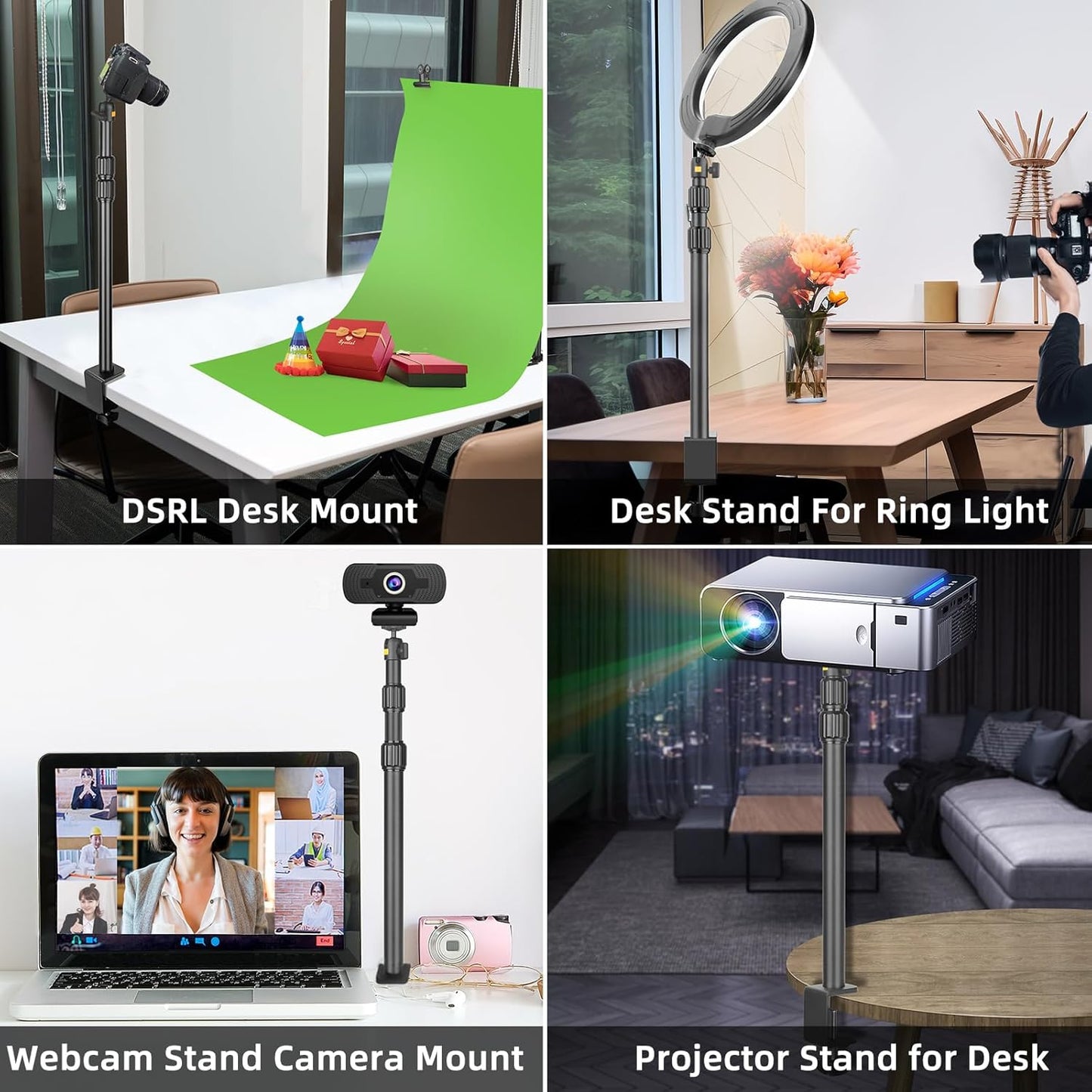 JEBUTU 1/4" Camera Desk Mount Table Stand with Ball Head, Adjustable Light Stand with Screw & C Clamp for DSLR Camera