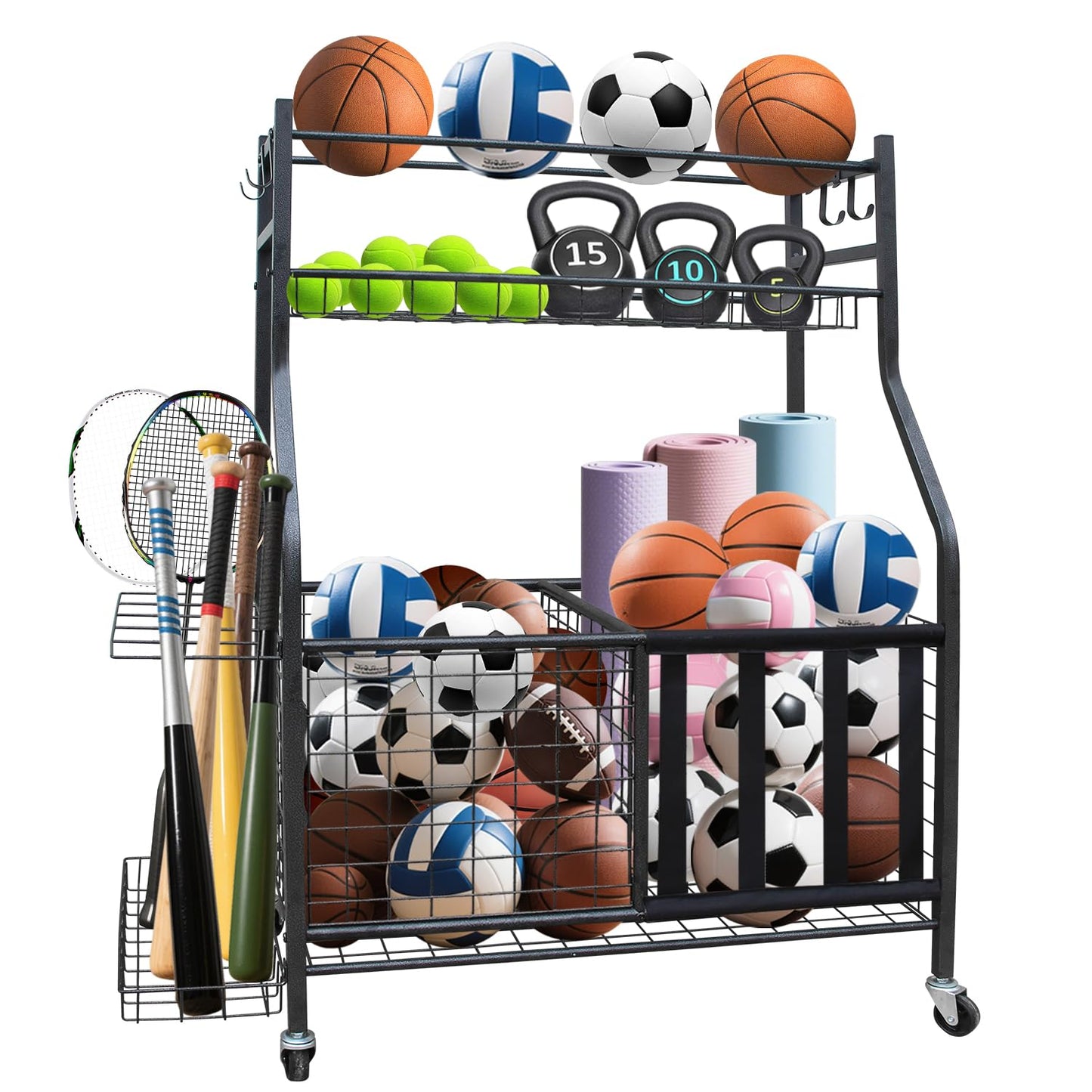 ICSPOID Sports Equipment Garage Organizer, Garage Ball Storage Rack with Basket, Hooks and Rolling Cart for Sports Gear and Toy Storage, Heavy Duty Ball Holder Indoor/Outdoor Use
