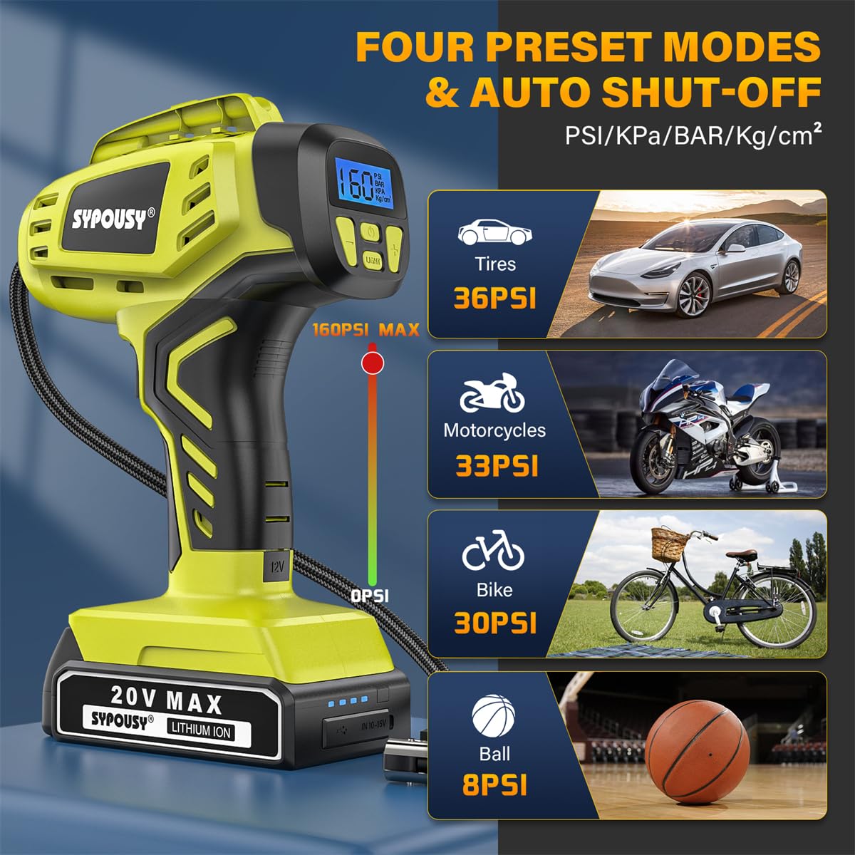 Tire Inflator Portable Air Compressor,Digital Cordless Tire Inflator,2X Faster Car Tire Pump with 20V Rechargeable Battery,Dual Power Supply Modes,Air Pump for Car Tires,E-Bike etc.