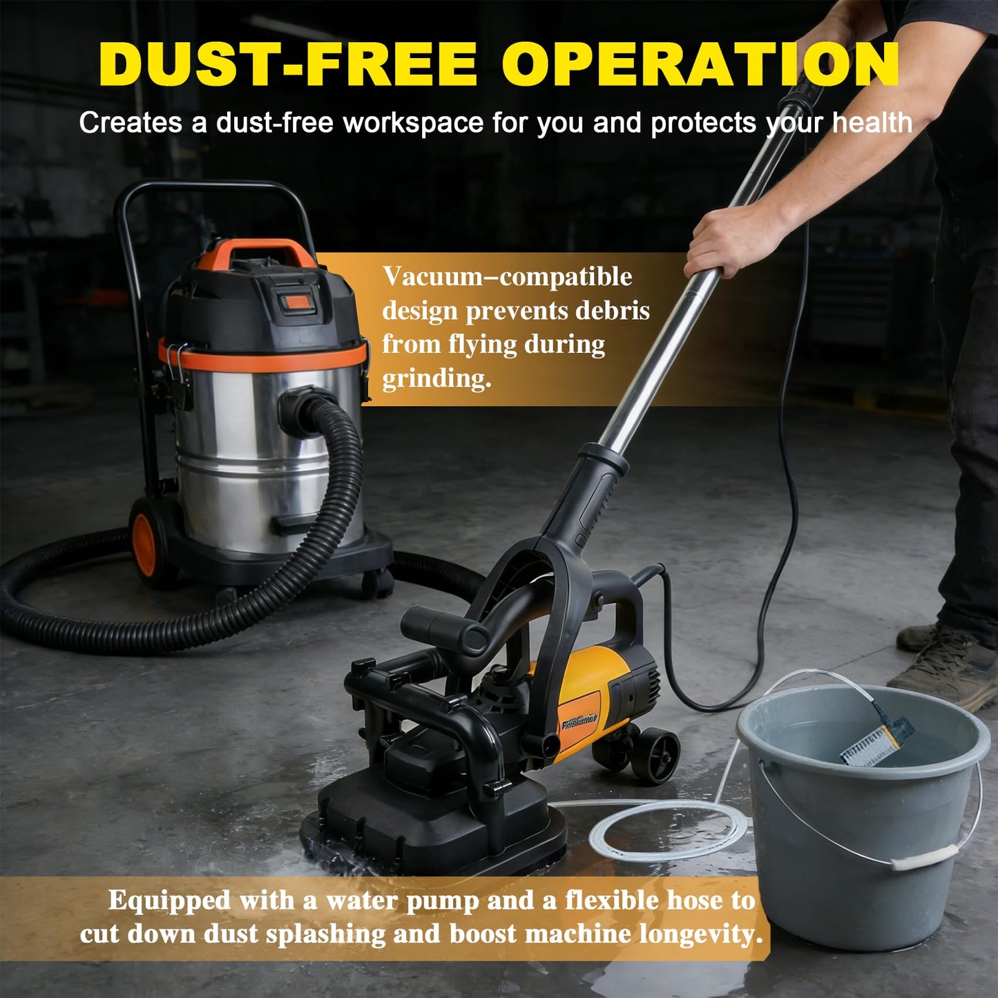 PeiXWming 4-Head Concrete Grinder Set with Long Handle, 4" Concrete Floor Grinder 3800W 0-6000RPM Concrete Surface Planer Dust Extraction Shroud Auxiliary Wheels for Grinding Concrete Cement Marble