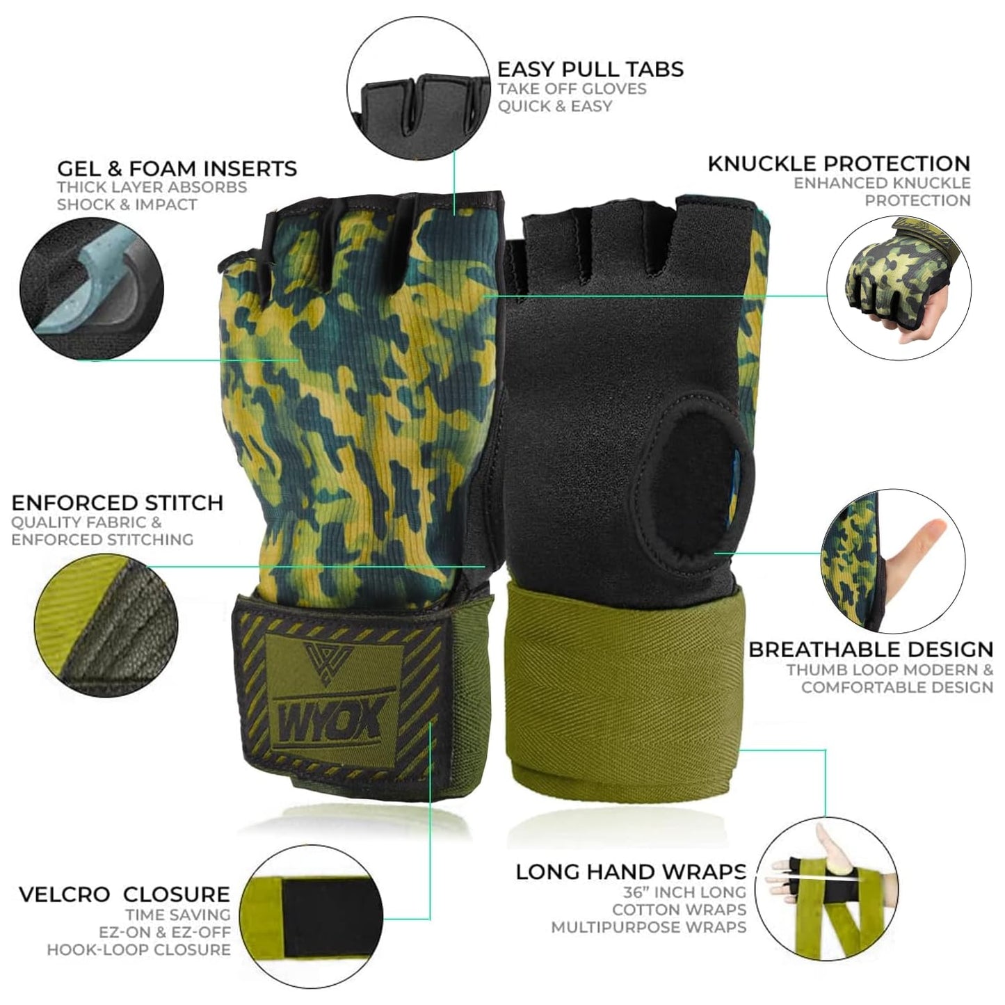 WYOX Gel Boxing Hand Wraps Inner Gloves for Men & Women, 80cm Quick Wrist Straps, Padded Knuckle Protection for Muay Thai Kickboxing, Hand Wraps for Boxing & Martial Arts (Vivid Forest, S/M)