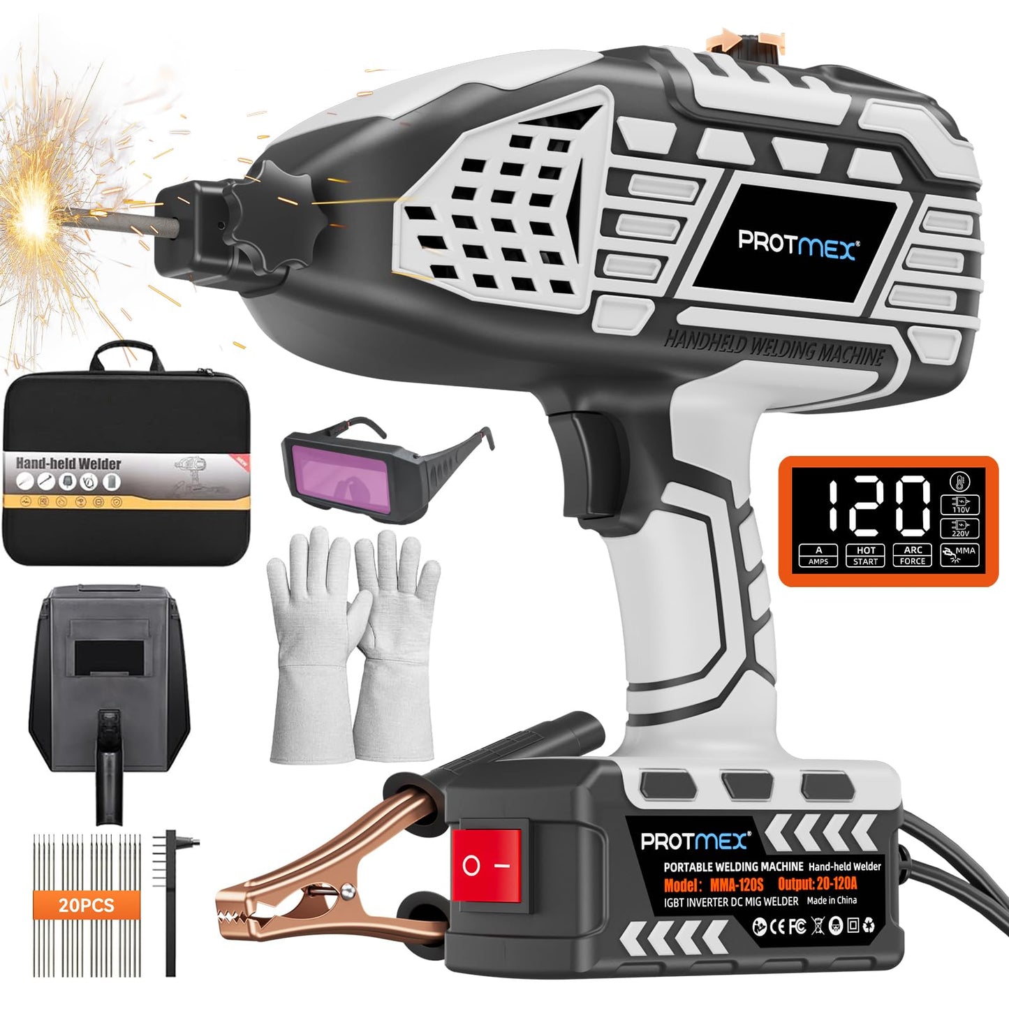 Portable Display Handheld Welder - 110V Portable Welder Machine IGBT Inverter with 5 Adjustable Currents, ARC Welder Gun Fits 3/32"-1/8" Welding Rods for Repair, DIY, Home Projects(20PCS Rods)