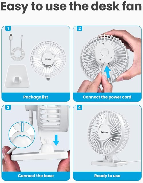 Gaiatop USB Desk Fan - Powerful Mini Portable Fan with 3 Speeds | Quiet Design for Home & Travel - White