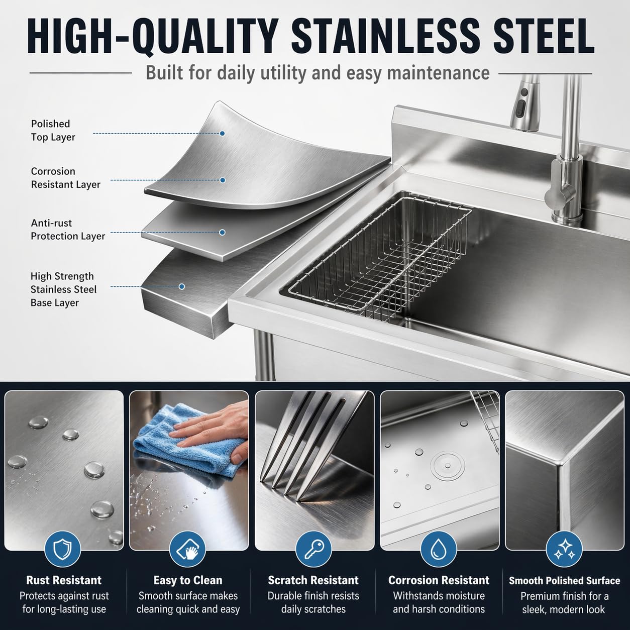 Garvee Gray Utility Sink 47" x 22" x 37", Freestanding Stainless Steel Single Bowl Laundry Sink with Pull Down Faucet, Large Workbench Top for Laundry Room, Garage, Mudroom, Modern Metallic Finish