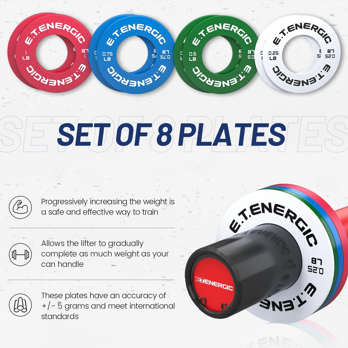 E.T.ENERGIC Fractional Weight Plates Set of 8 (0.25LB, 0.5LB, 0.75LB, 1 LB) x 2, Odorless Micro Weight Plates for Olympic Barbells for Change Plates Strength Training