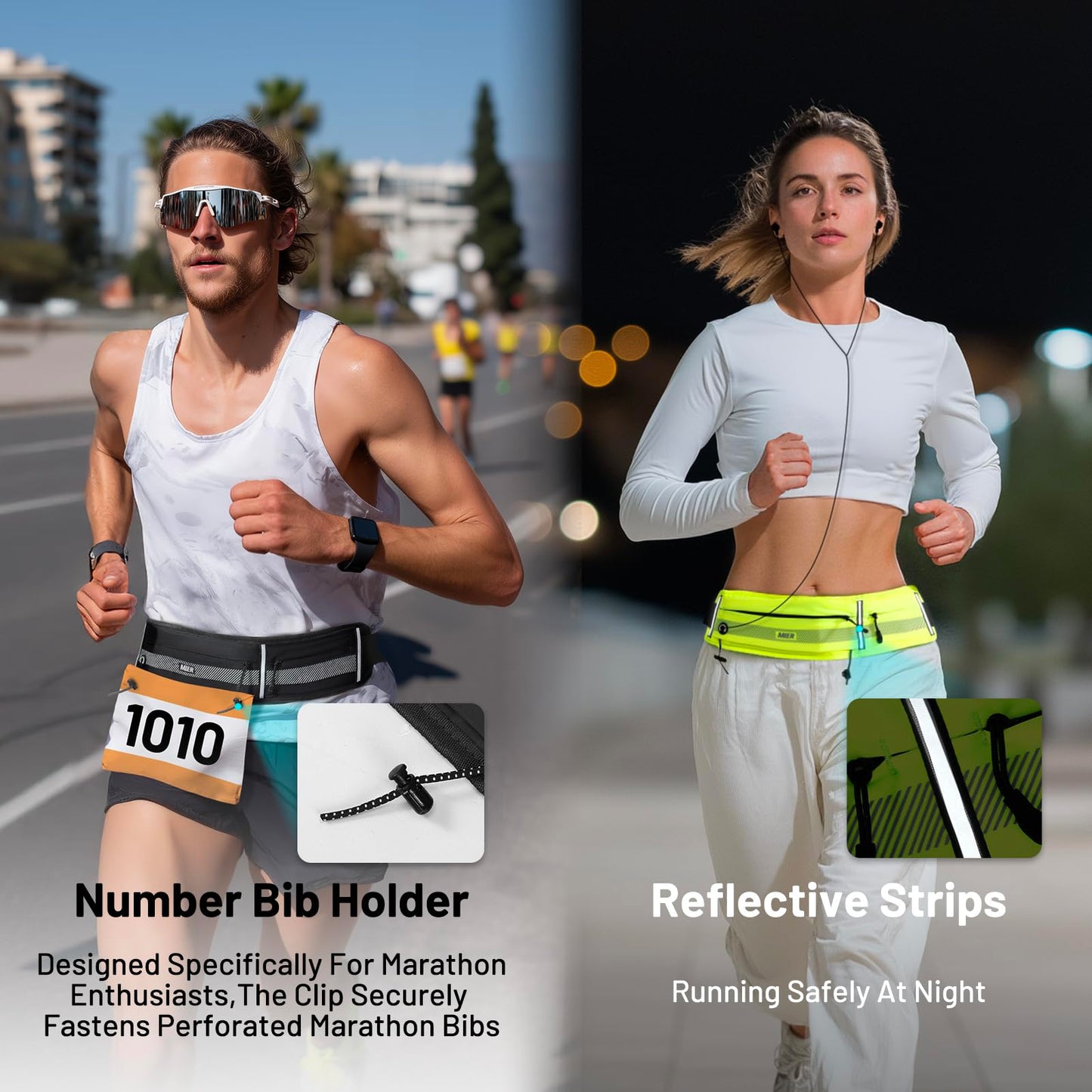 MIER Running Belt for Men Women Slim Fanny Pack Phone Holder Jogging Pouch with Marathon Bib Clip Runner Waist Pack for Walking Cycling for Keys, Cards & Essentials (Black)