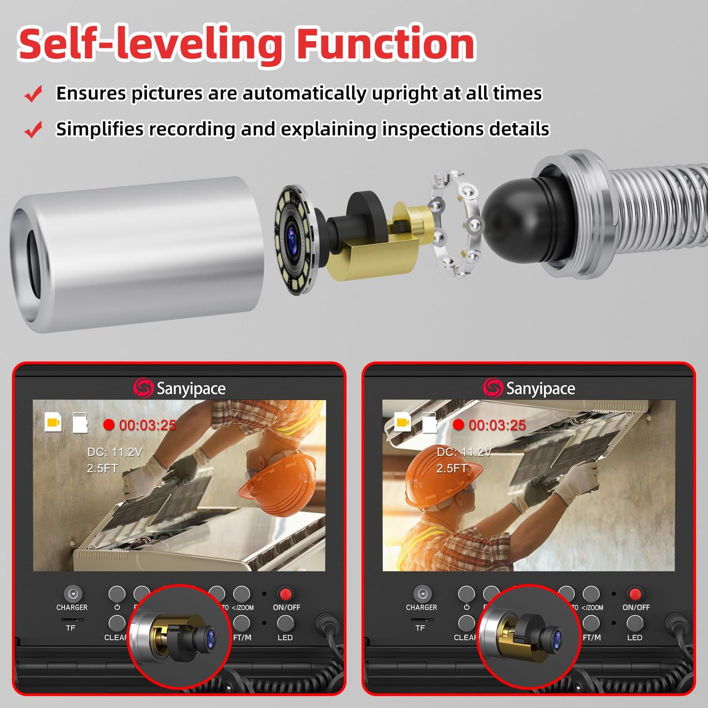 Sanyipace Pipe Camera with Locator, 512Hz Sewer Camera with Self-Leveling, 23mm/0.9in Drain Camera with Distance Counter, 5X Zoom, Waterproof Plumbing Inspection Camera with 12 PCS Lights, 66FT/20M