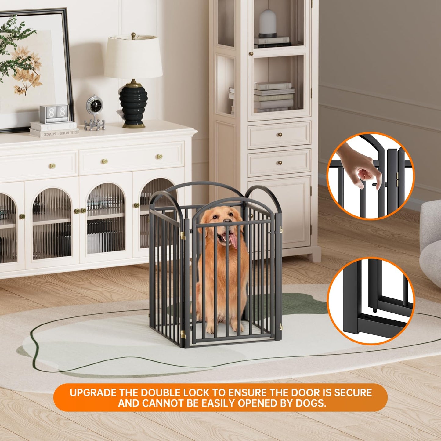 SNUOWU 4 Panels Full Matel Freestanding Dog Gates with Door, 96"Extra Wide 32"Tall Free Standing Dog Pet Gate for Indoor & Outdoor. Foldable Pet Fences for Doorways, House, Stairs, Porch, Deck, Yard