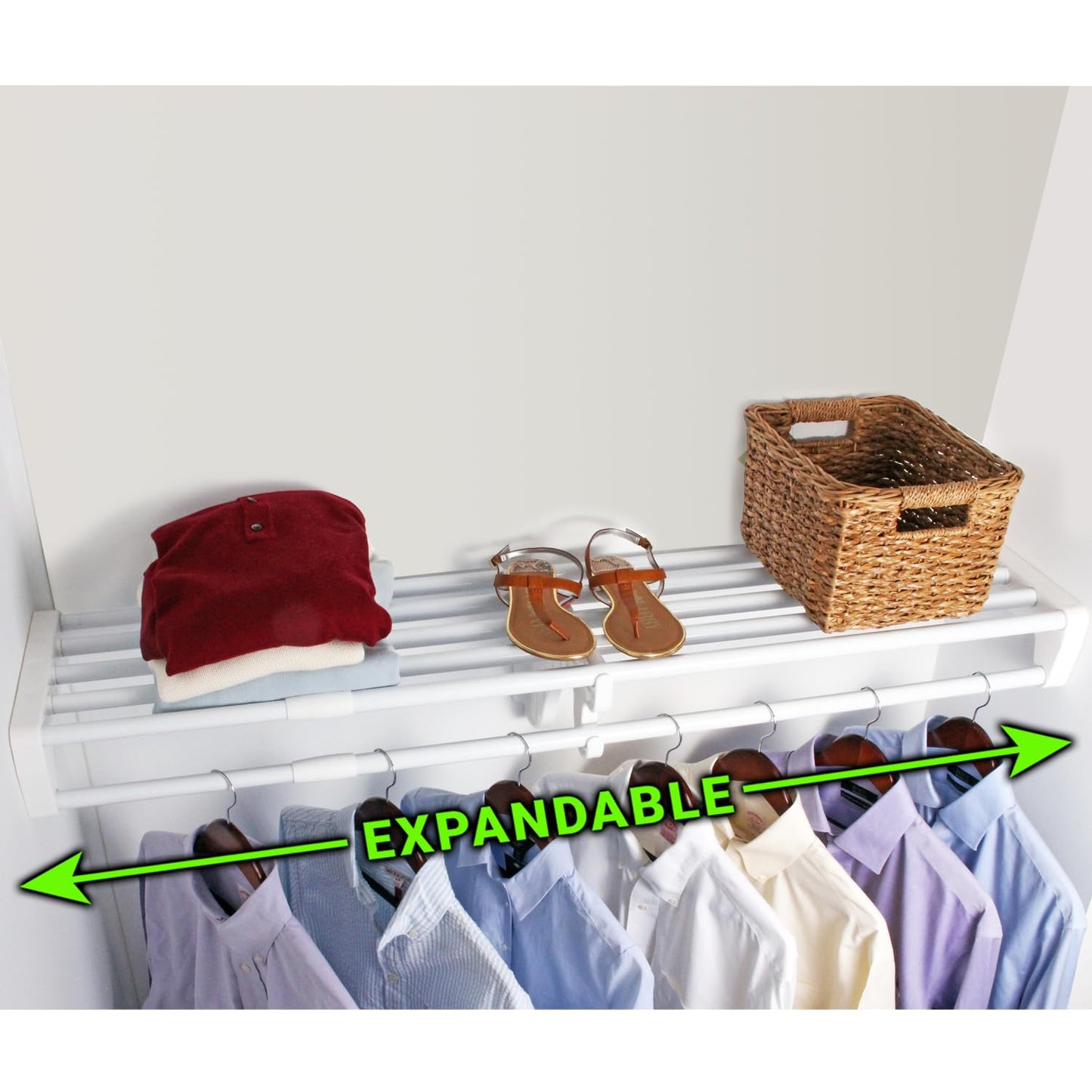 EZ SHELF- Closet Shelf with Hanging Rod, Expands 40.5-73", White, Closet Shelves Hold 200 lbs, Easy Install Closet Organizer to 2 Side Walls, Alternate for Closet Wire Shelving & Laundry Room Shelves