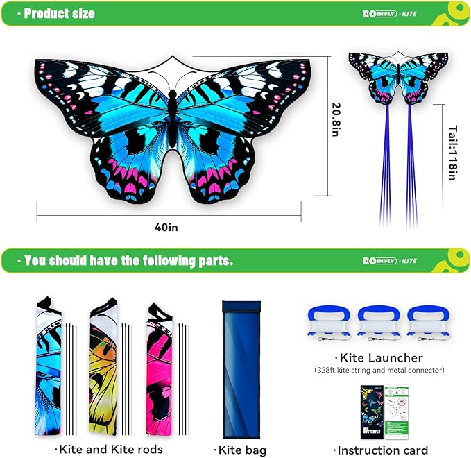 Butterflys for Kids, Beautiful Kite Easy to Fly for Beginners with 328 ft Line & Line Winder (1m-Tiger Spotted Butterfly-(Yellow+ Blue + Pink), 3)