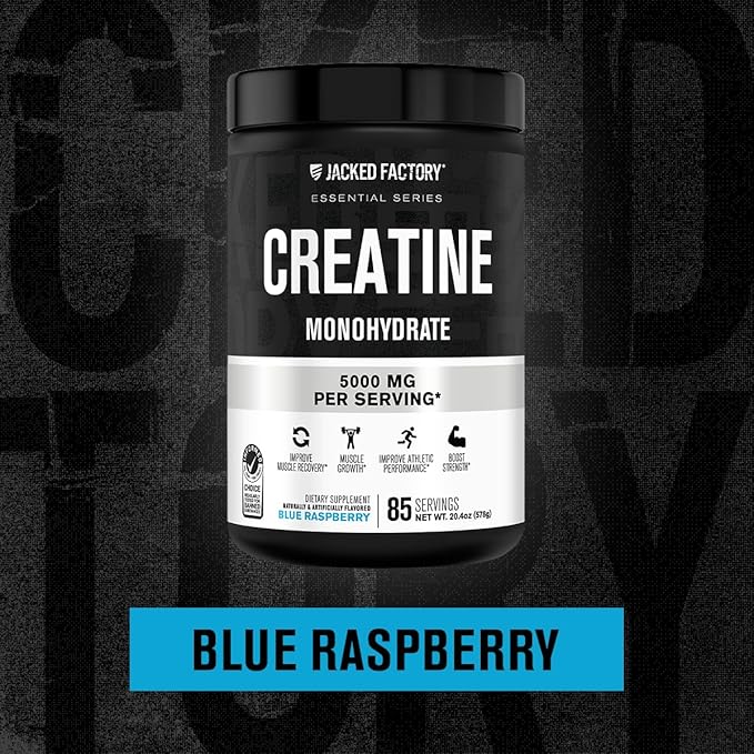 Jacked Factory Creatine Monohydrate Powder 425g - 5g Daily Creatine Supplement for Men and Women, Vegan-Friendly, Third-Party Tested - 85 Servings, Blue Raspberry