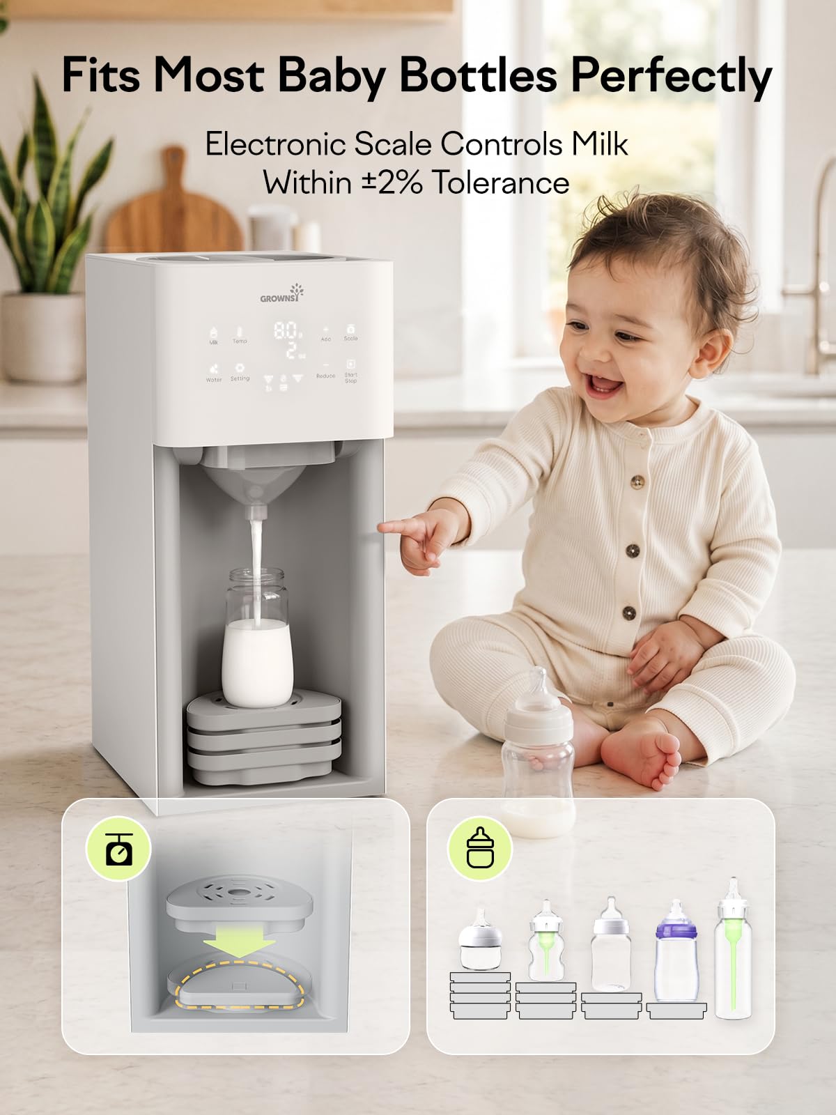 GROWNSY Baby Formula Maker, Ultra-Precise Automatic Formula Dispenser, Formula Mixer with One-Touch Instant Bottle Prep, 304 Stainless Steel Tank, Fits Most Baby Bottles, White