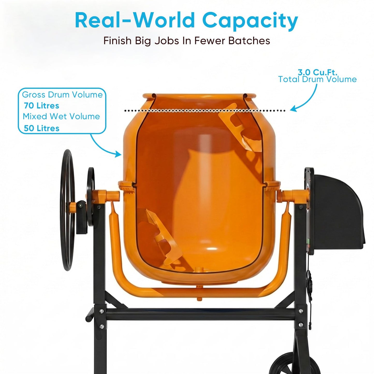 TABU 3 Cu.Ft. Electric Cement Mixer, Portable Concrete Mixer, Mortar Mixing for Seeds/Stucco, Freestanding Cement Mixing Tools with Wheels for Stucco