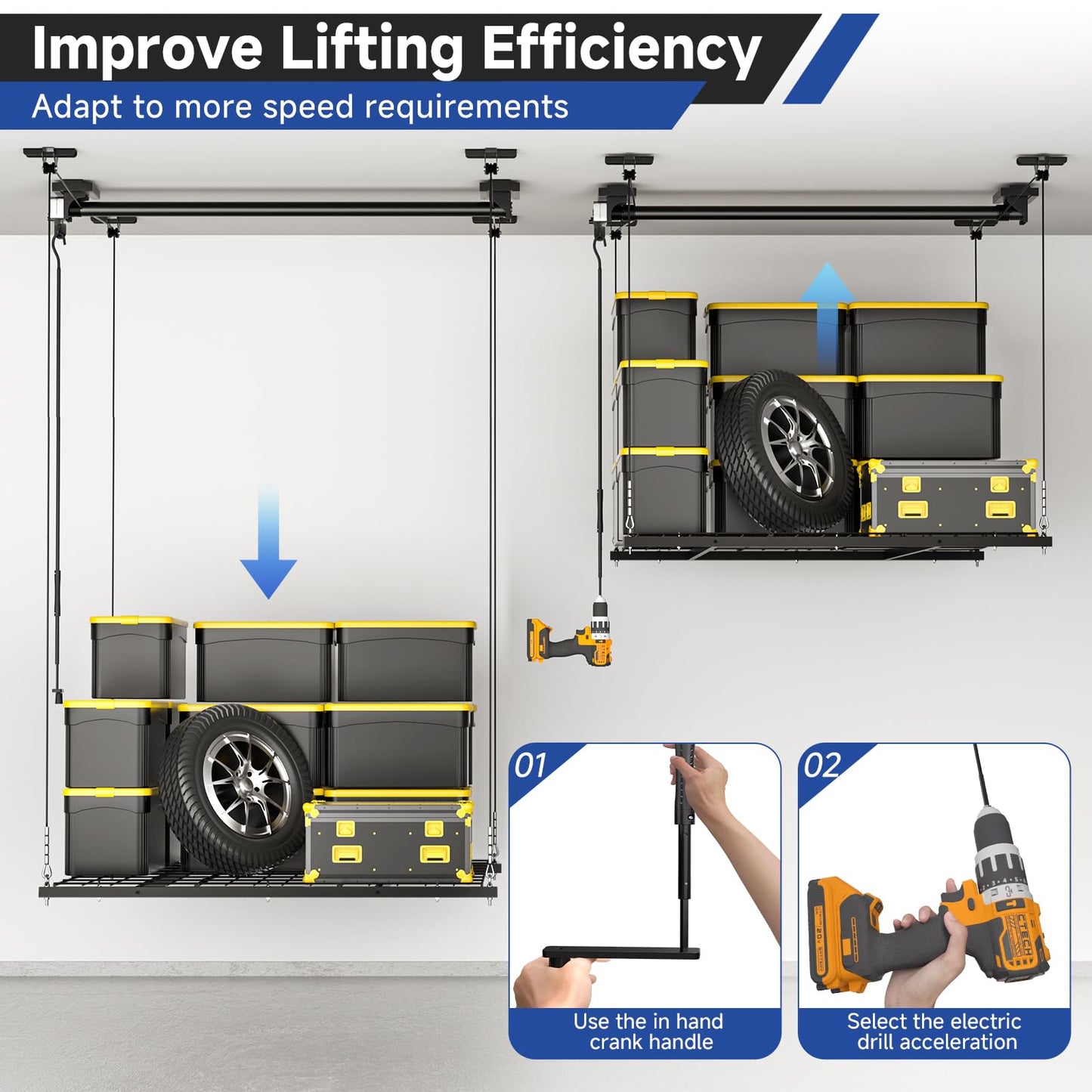 GADFISH Garage Ceiling Lift Storage Rack, Easy Lifting 85" Height 4x4 Ft Overhead Garage Storage Rack for Space Saving with Safety Lock, Suitable for 16"/24" Ceiling, 350LBS Capacity