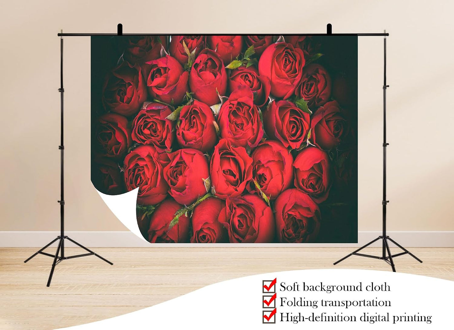 UPXIO 9x6ft Dense Red Roses Bouquet Backdrop Romantic Floral Deep Red Petals Photo Background Tapestry for Wedding