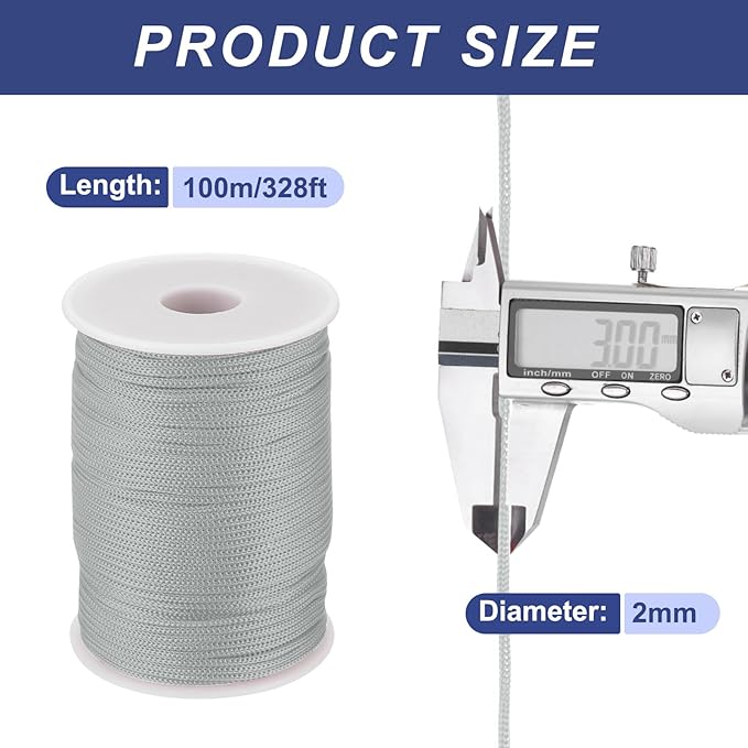 MECCANIXITY 1/12 Inch Polypropylene Rope Braided Ropes, 328ft Nylon Rope Hollow Utility Cord for Clothesline, Camping, Hiking, Outdoor, Light Grey