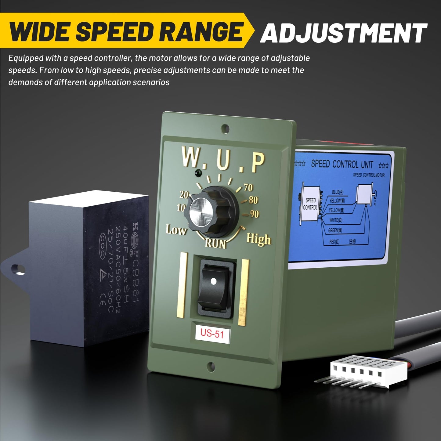 High Torque AC Motor + Speed Controller + Gear Box, 250W Single Phase Electric Motor with Gearbox, Variable Speed Motor, Reversible Gear Motor with Control Box, 110V Geared Motor