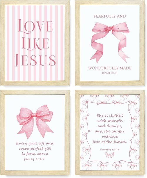 LARTSFRO Coquette Pink Bow Wall Art Decor - Inspirational Bible Verses | 10x8 Inch Set of 4 for Teen Girls