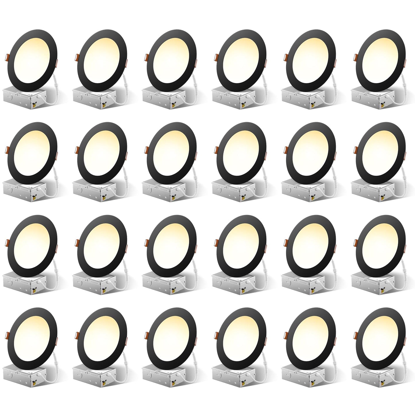 FREELICHT 24 Pack 6 Inch 5CCT Ultra-Thin LED Recessed Ceiling Light with Junction Box, 2700K-5000K Selectable, 1050LM Brightness, Dimmable Canless Wafer Downlight, 12WEqv110W-ETL&FCC,Black