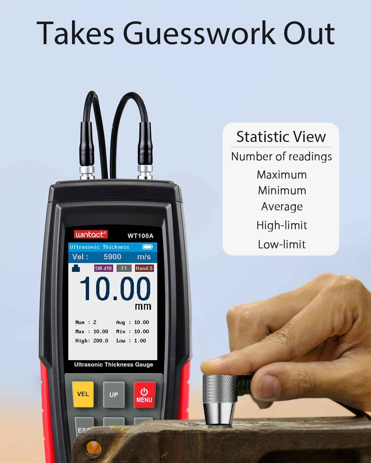 Wintact Digital Ultrasonic Thickness Gauge, Range 0.039 to 11.81 in with Probe for Measuring Metal and Nonmetal Materials, Steel, Cylinder Wall, Plastic, Glass, PVC, Pipes (WT100A)