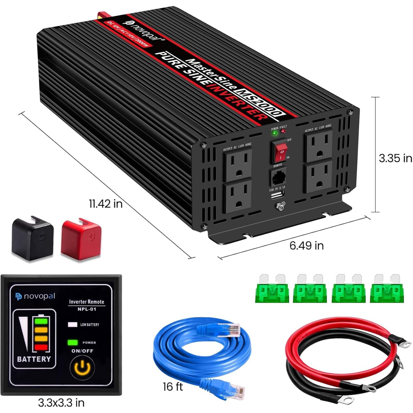 NOVOPAL 2000W Pure Sine Wave Power Inverter 2000 Watt 12V DC to 110V 120V AC,4 AC Outlets, 1 x USB Ports for Off-Grid Solar Car RV Truck Boat with 16FT Wired Remote