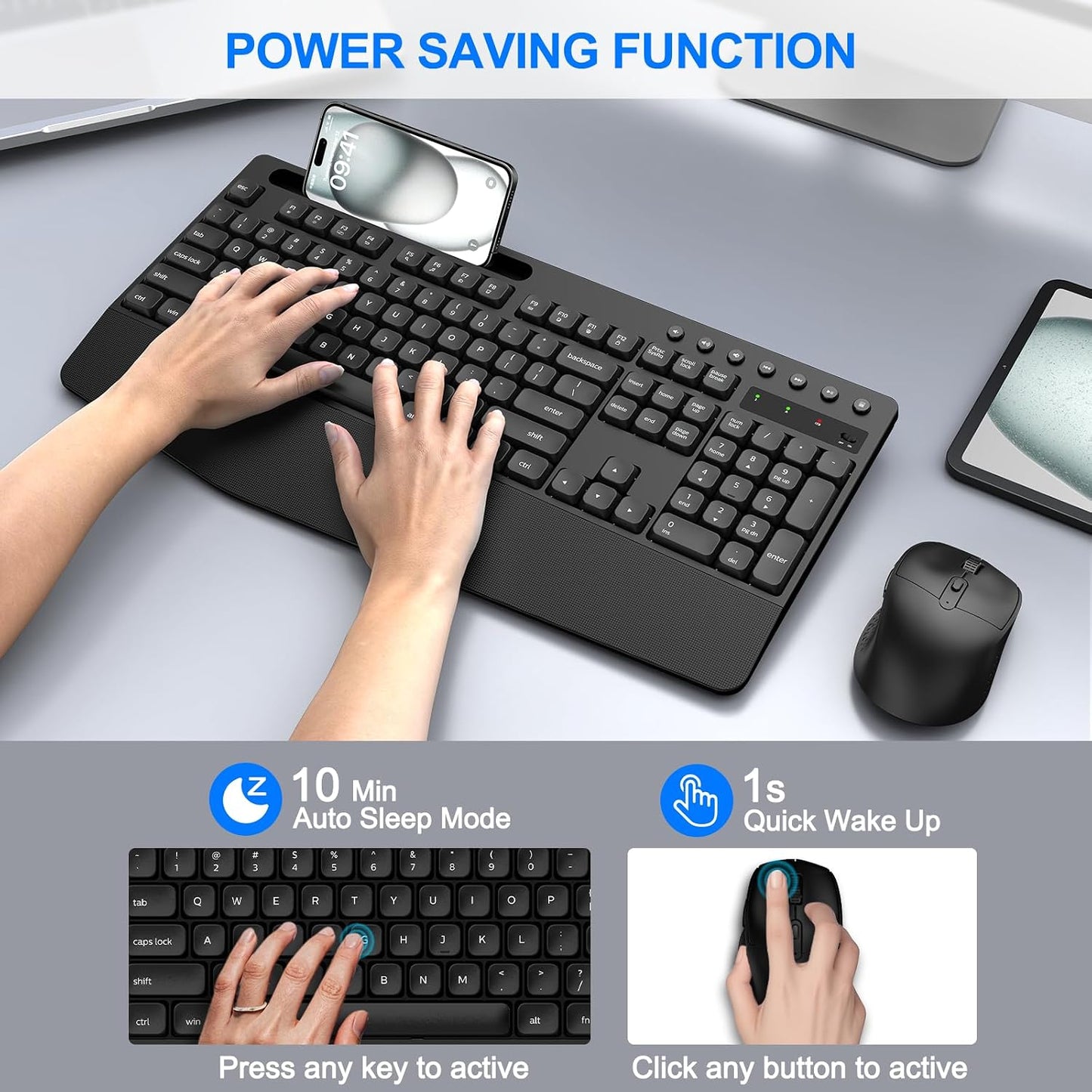 EDJO Set Wireless Keyboard and Mouse Combo, Full-Size Ergonomic Wireless Computer Keyboard with Wrist Rest, Phone